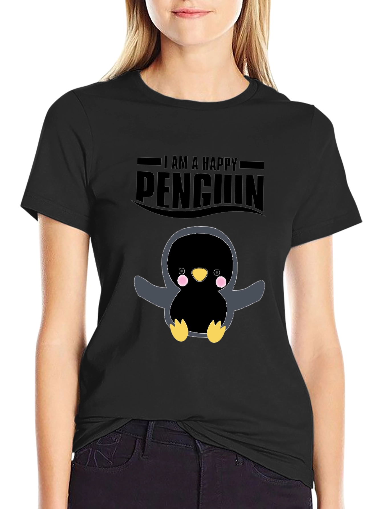 Happy Penguin Graphic Black T-Shirt