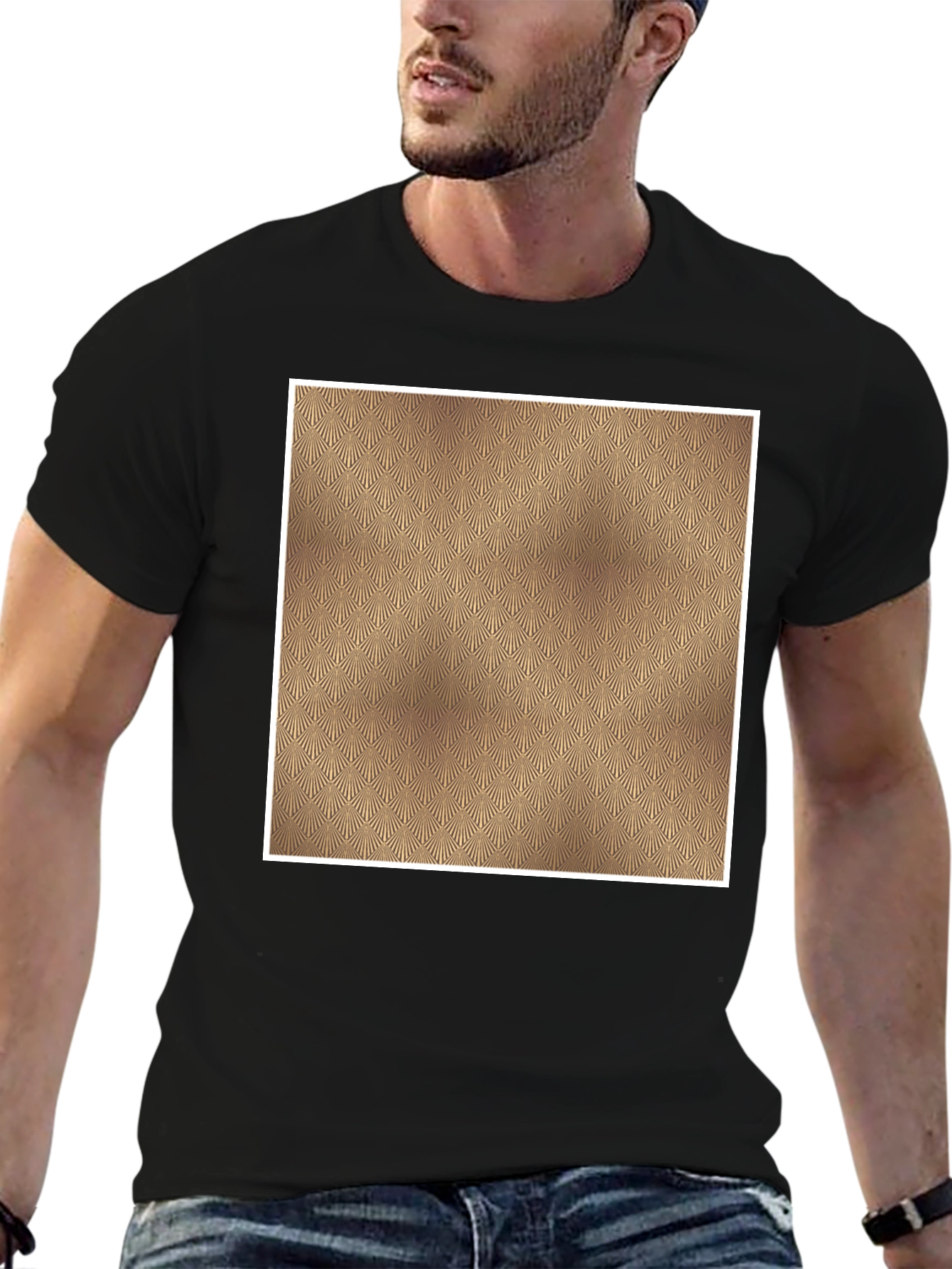 Mens Black Tee with Geometric Gold Pattern