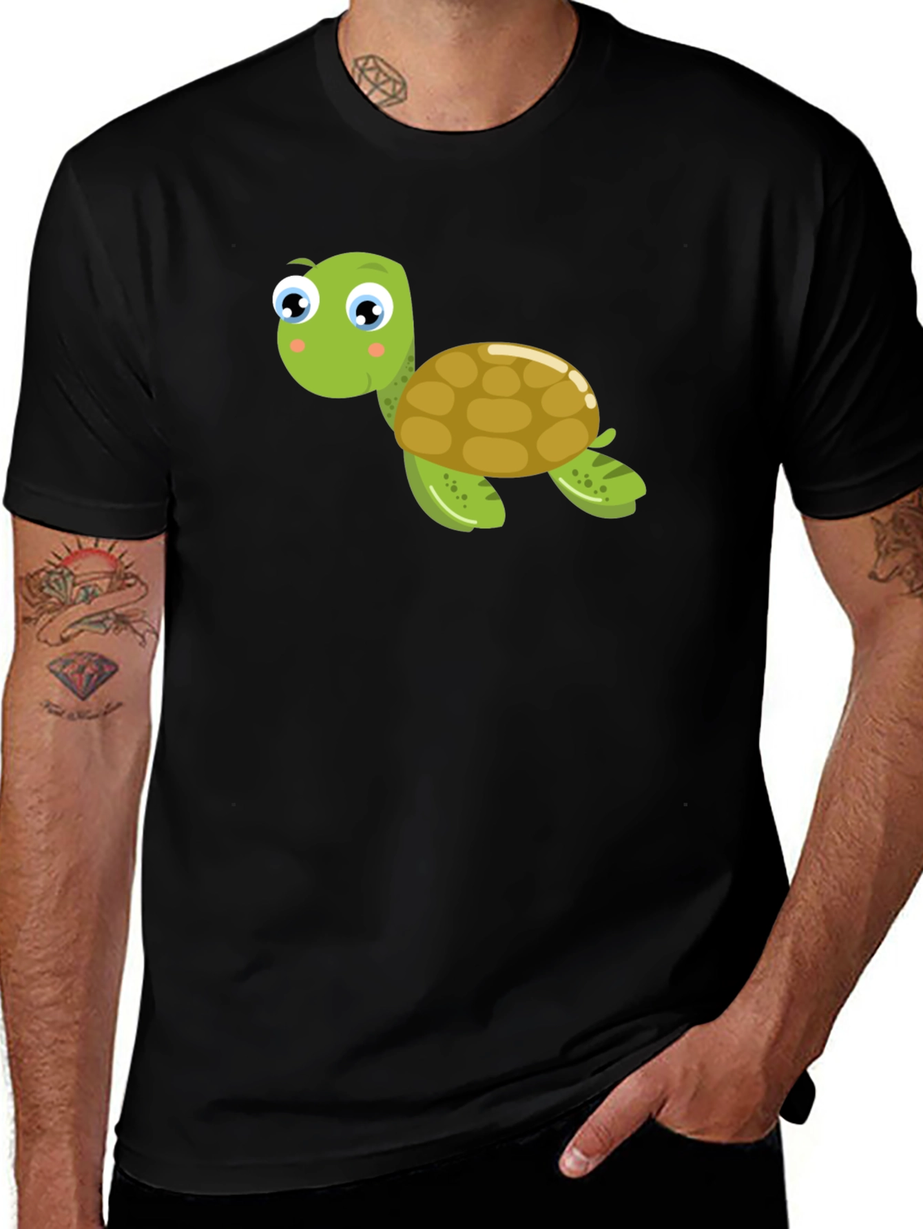 Cute Turtle Graphic Tee - Black Cotton T-Shirt