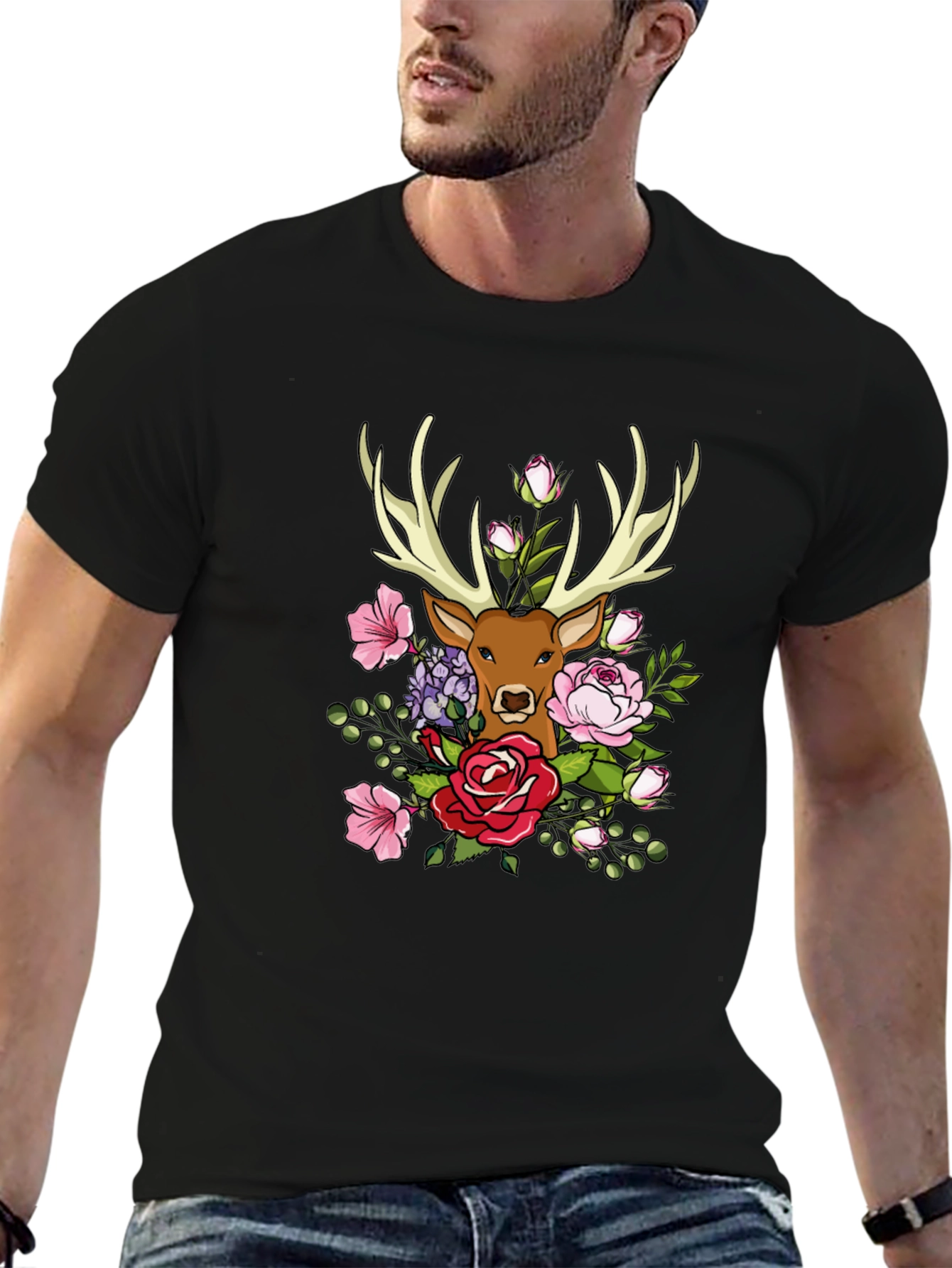 Floral Deer Graphic T-Shirt - Nature Inspired Tee