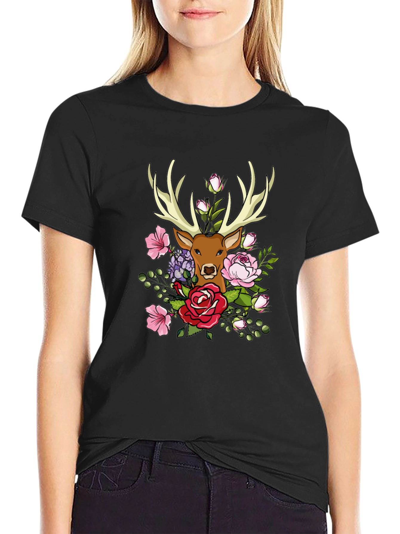 Floral Deer Graphic T-Shirt - Nature Inspired Tee