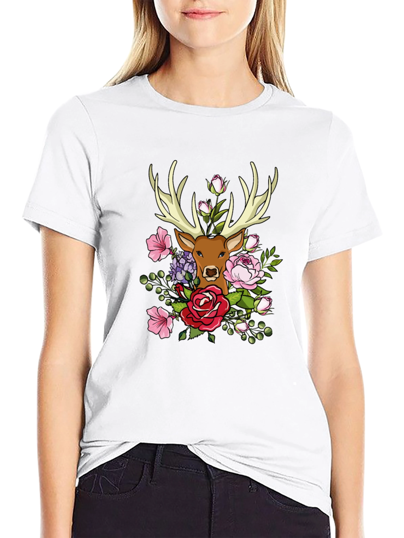 Floral Deer Graphic T-Shirt - Nature Inspired Tee
