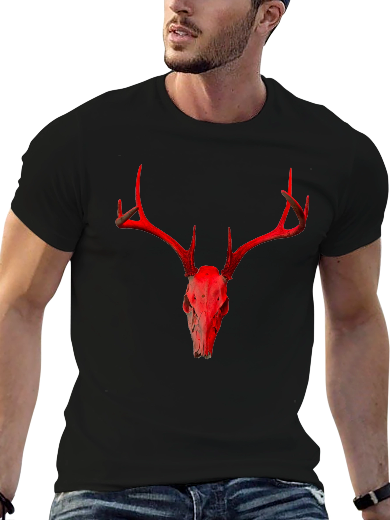 Red Deer Skull Graphic Black T-Shirt