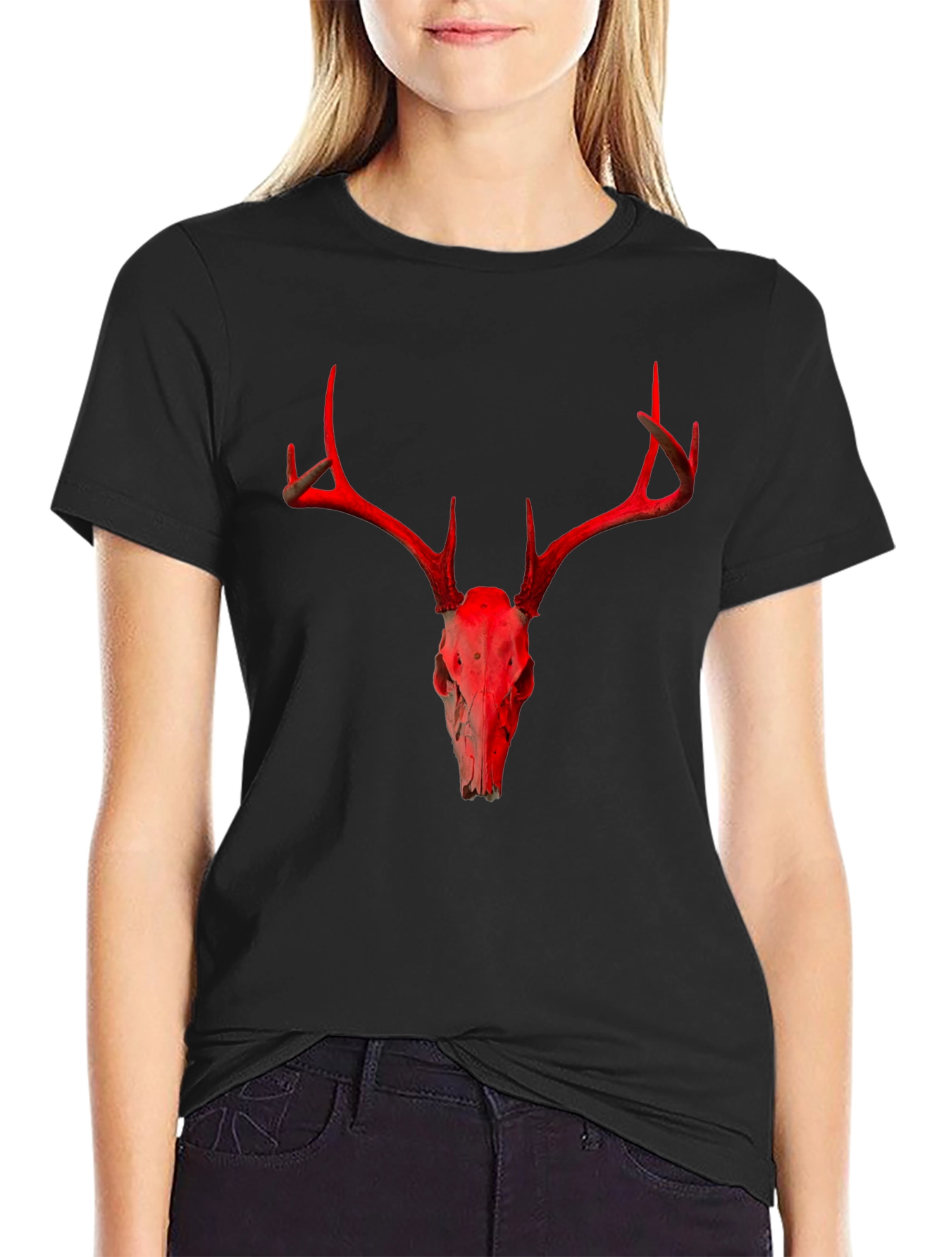 Red Deer Skull Graphic Black T-Shirt
