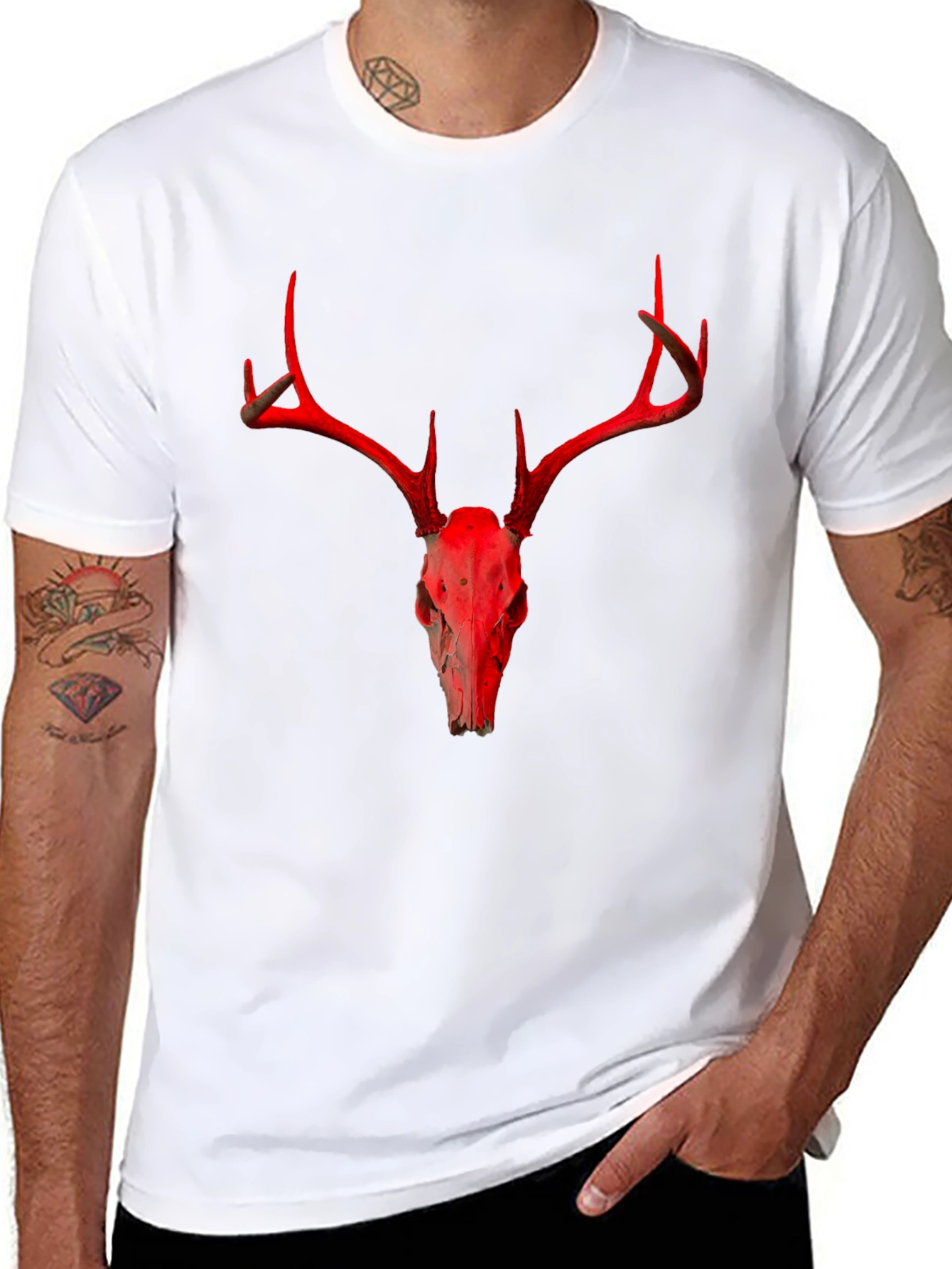 Red Deer Skull Graphic Black T-Shirt