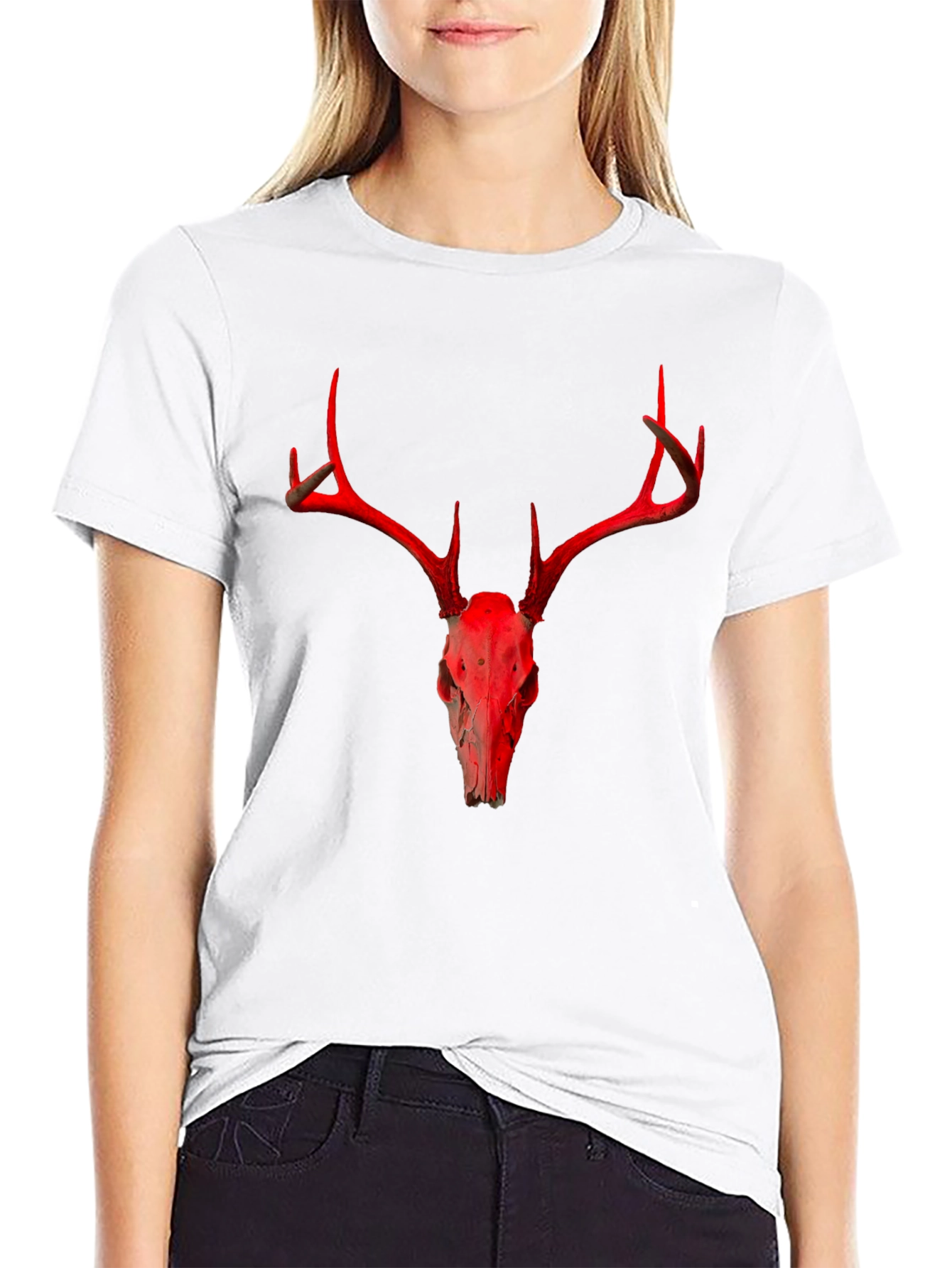 Red Deer Skull Graphic Black T-Shirt