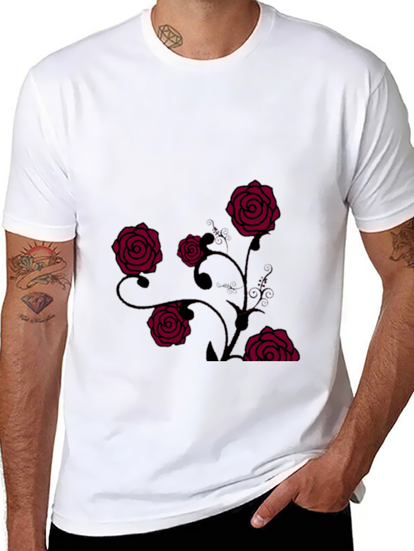 Mens Black T-Shirt with Rose Design