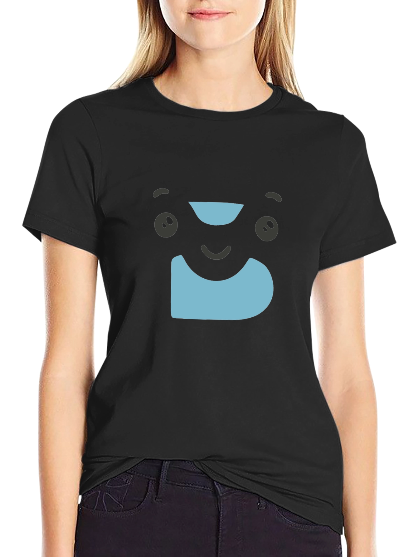 Cute Cartoon Face Graphic T-Shirt - Black