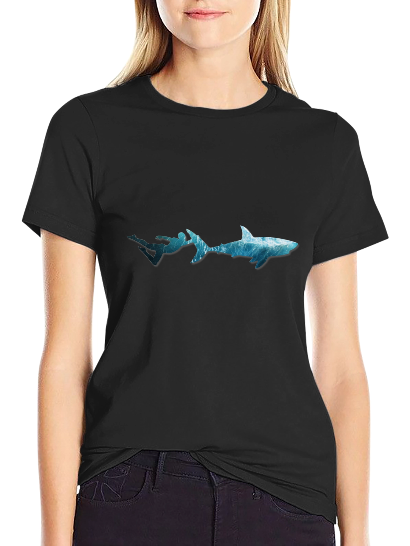 Ocean Diver & Shark Black T-Shirt
