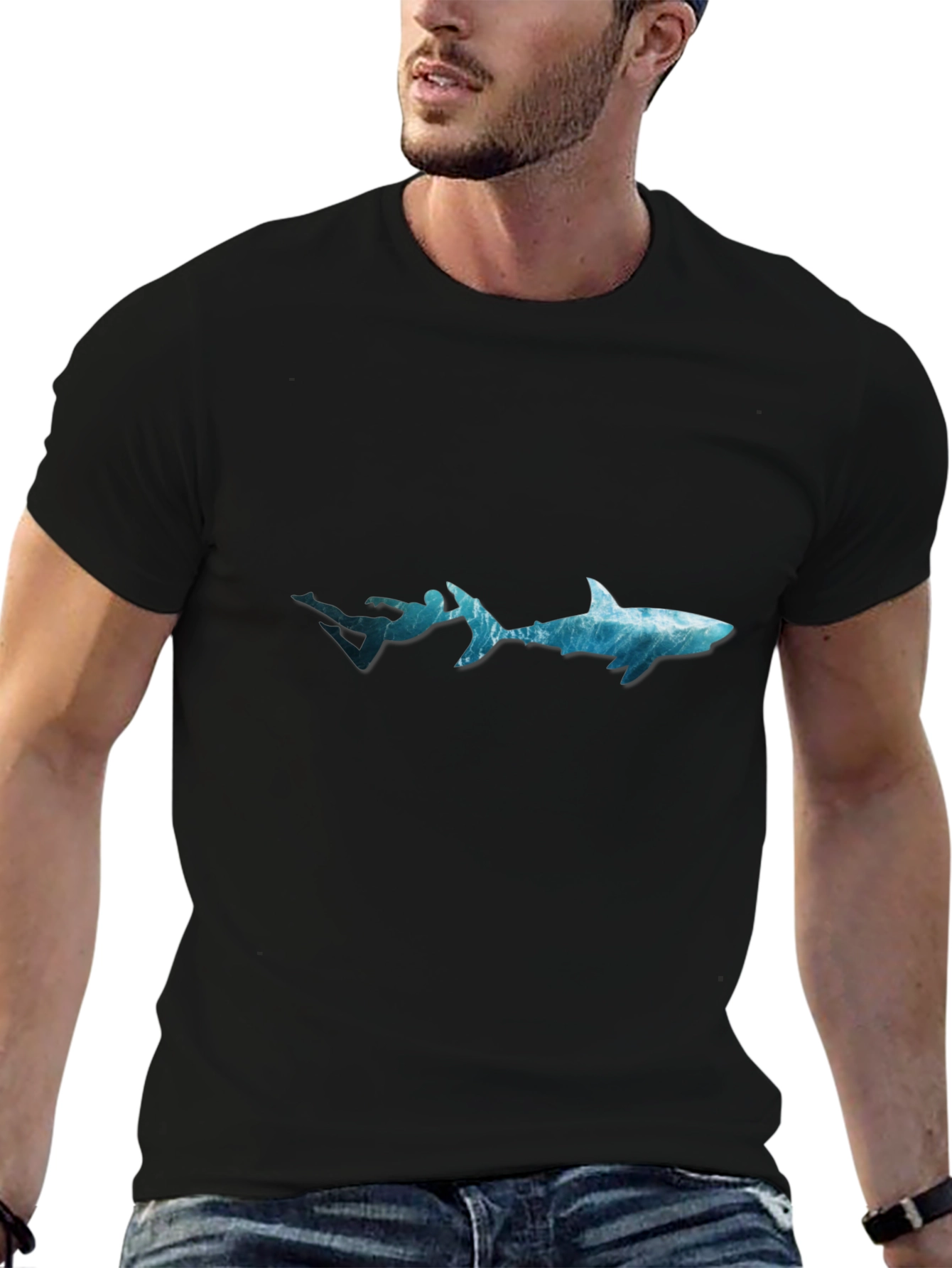 Ocean Diver & Shark Black T-Shirt
