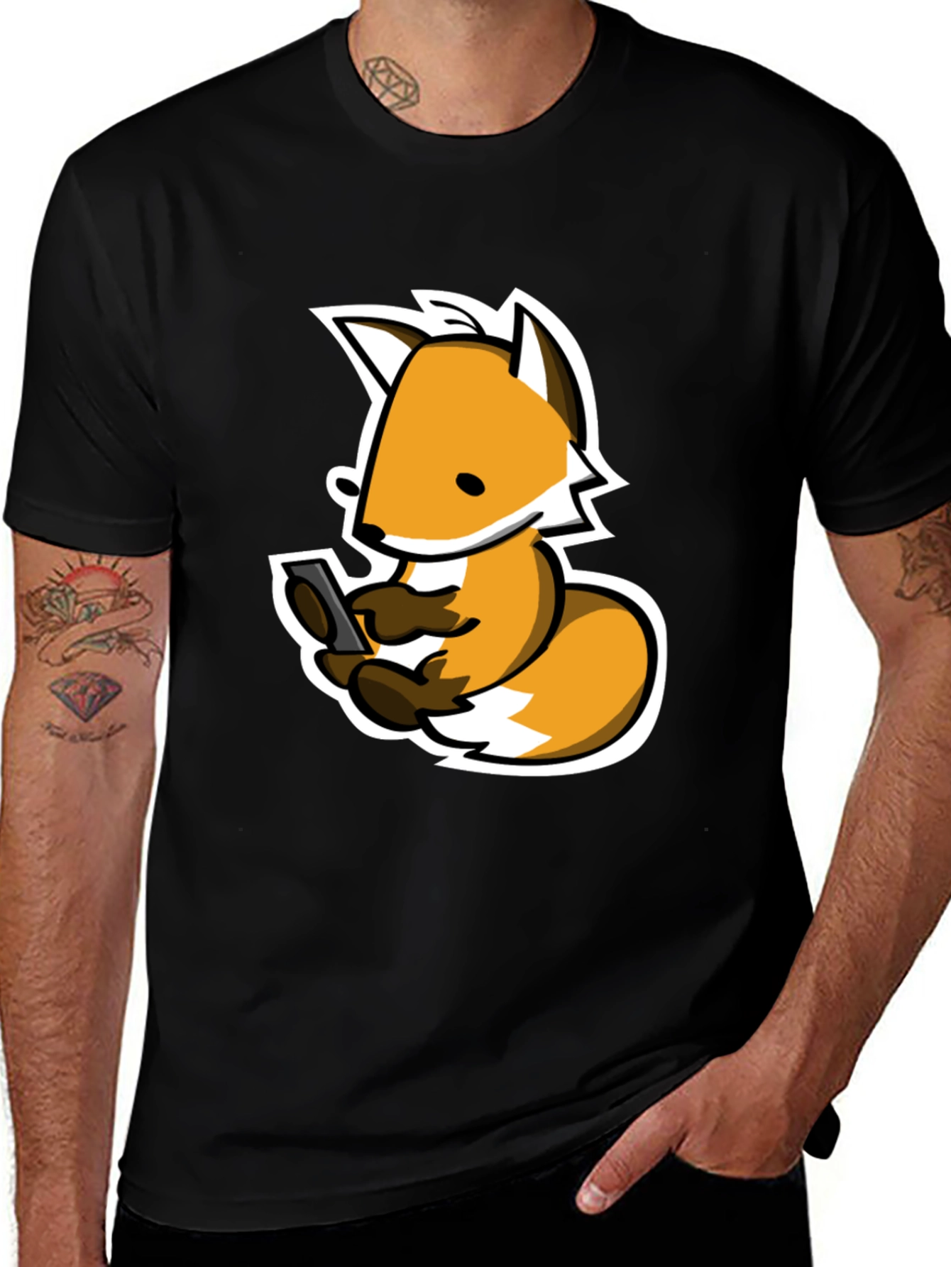Fox Phone Addict Graphic Tee - Black Cotton T-Shirt