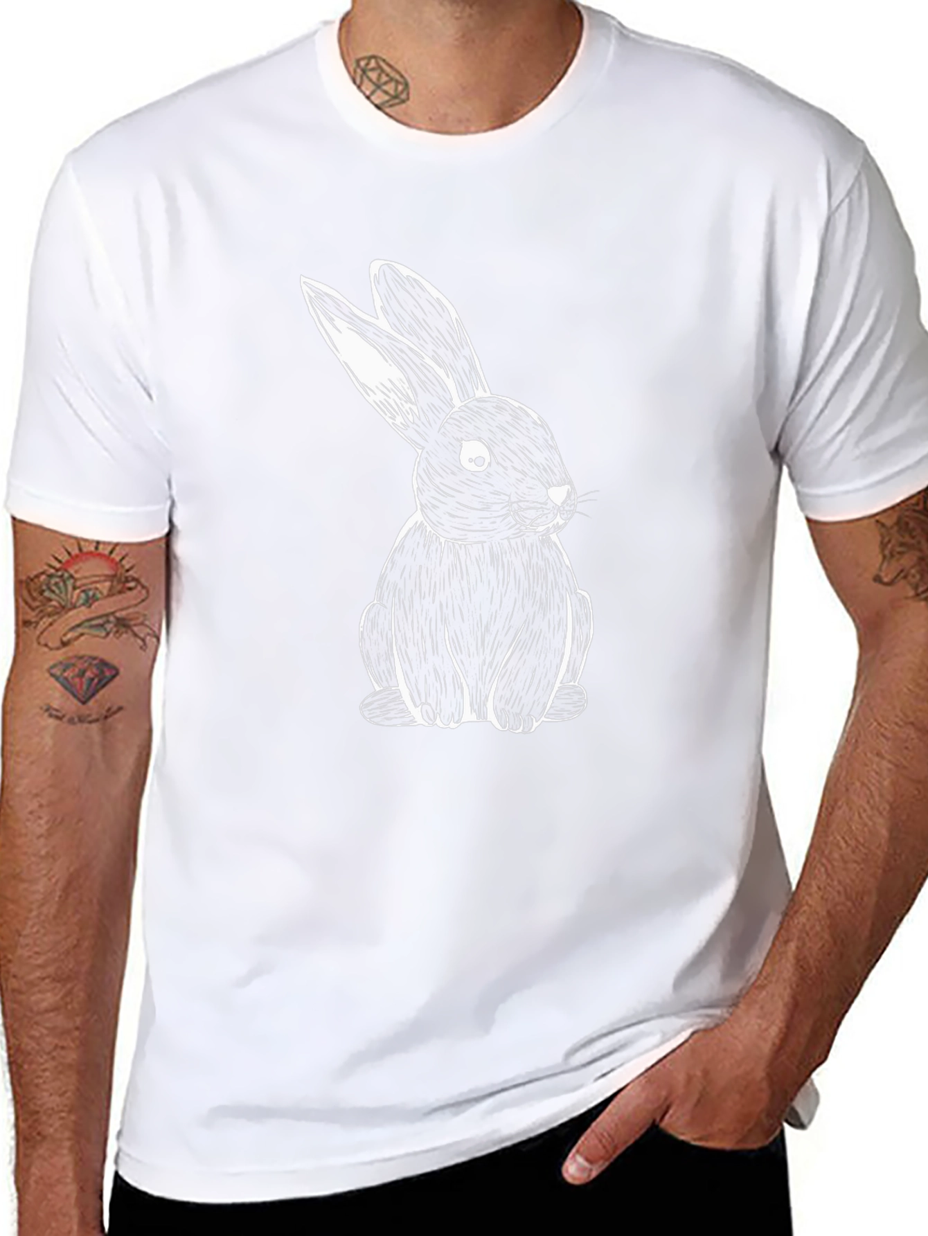 Black T-Shirt with White Rabbit Print