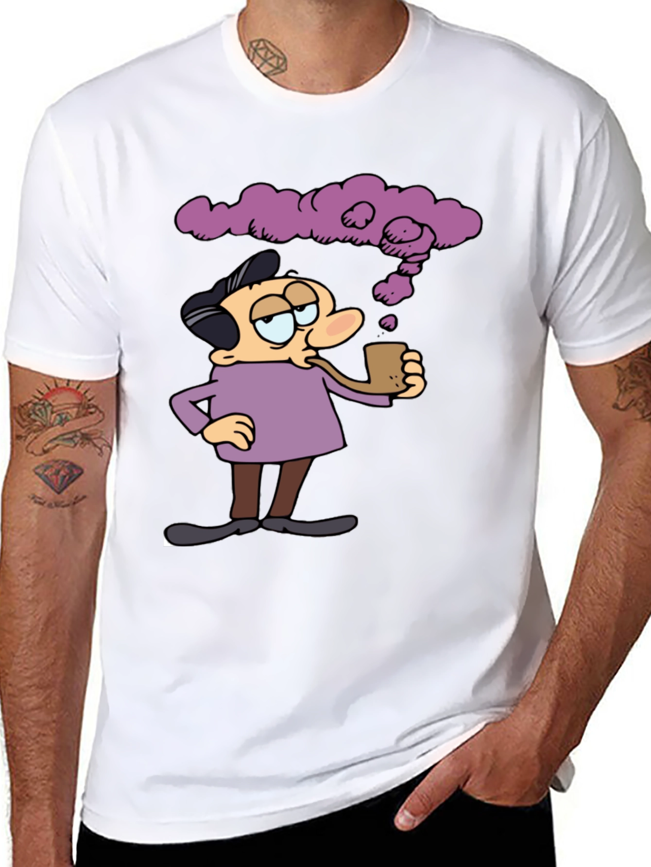 Cartoon Man Smoking Pipe Graphic T-Shirt
