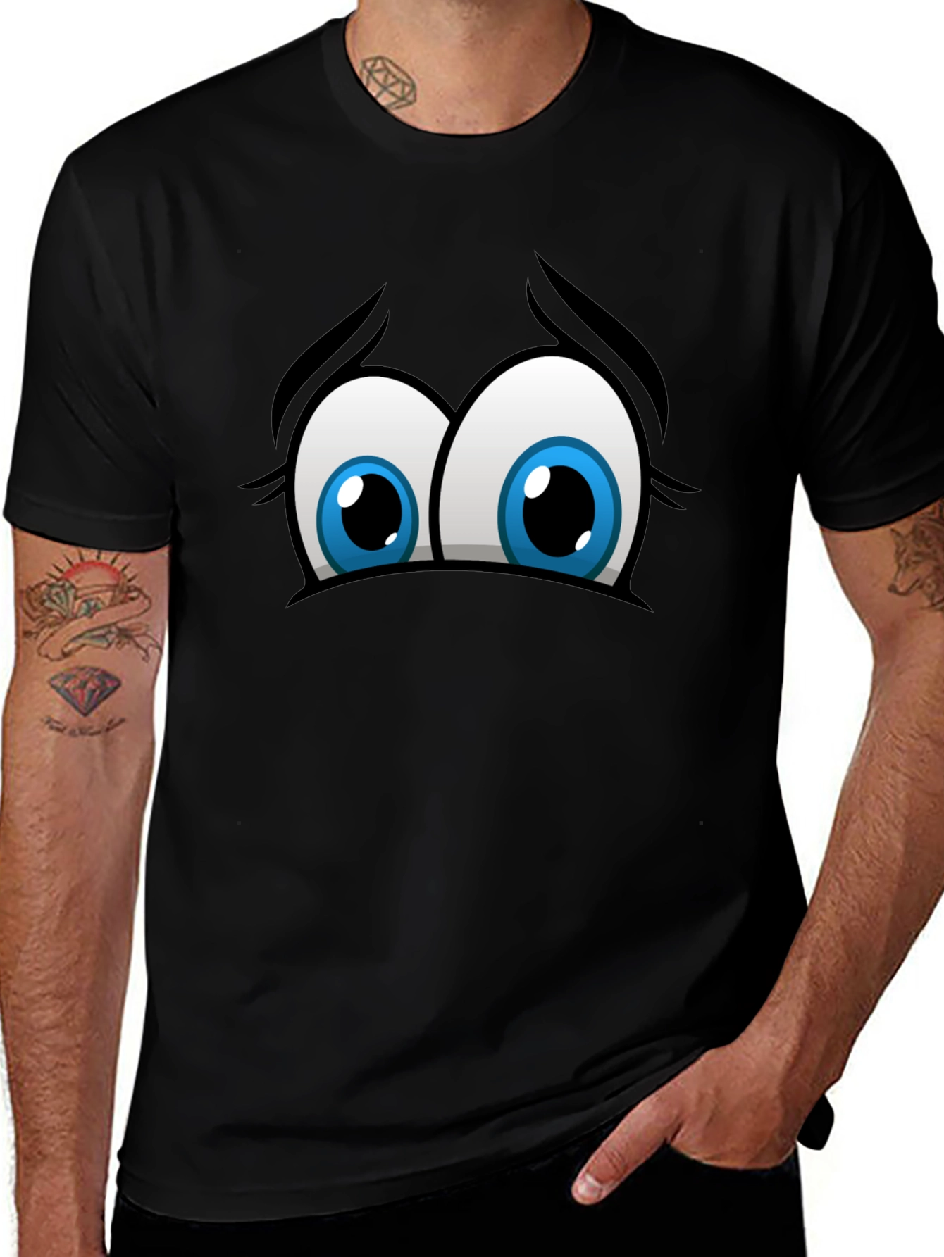 Funny Cartoon Eyes Graphic Black T-Shirt
