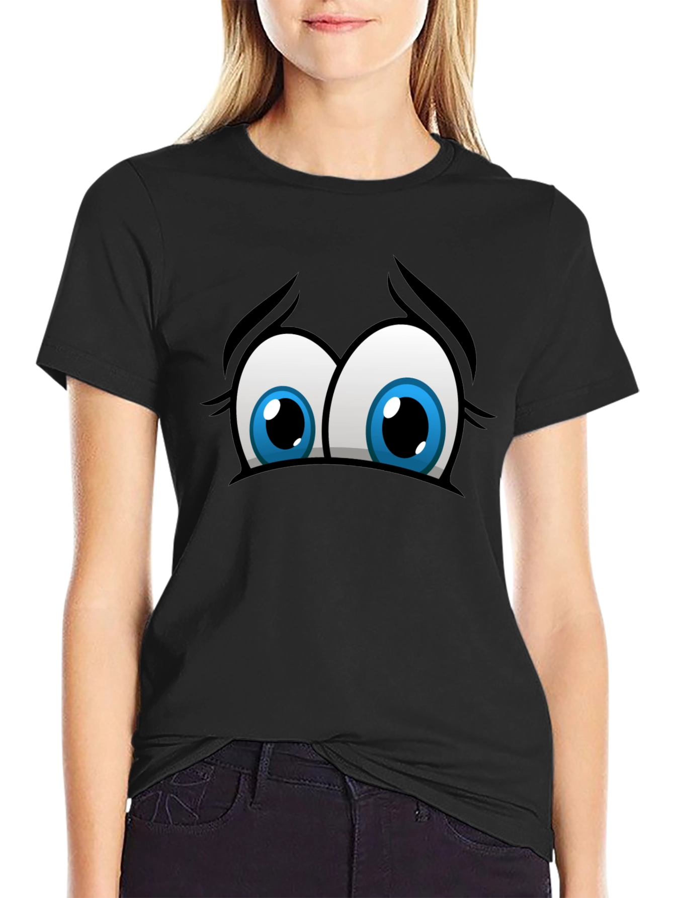 Funny Cartoon Eyes Graphic Black T-Shirt