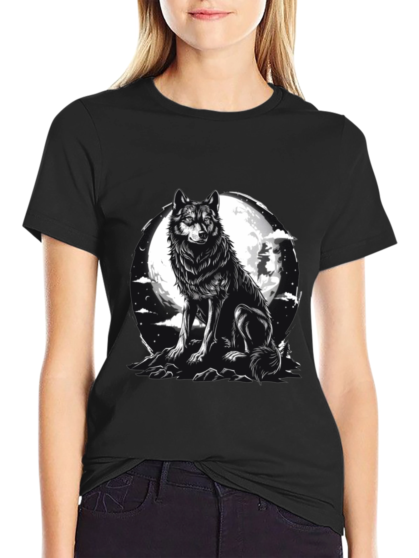 Wolf Moon Graphic Tee - Black Cotton Blend