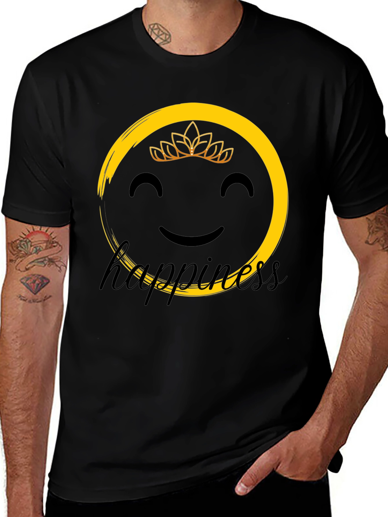 Happiness Graphic Tee - Smiley Face Crown Black T-Shirt
