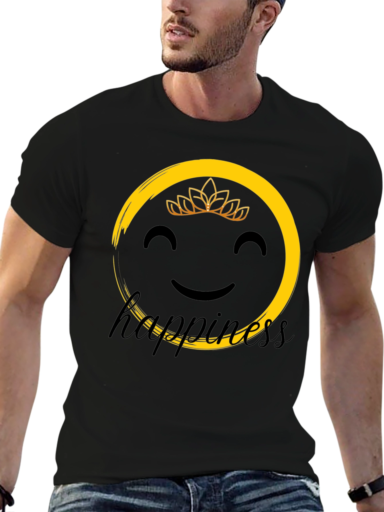 Happiness Graphic Tee - Smiley Face Crown Black T-Shirt
