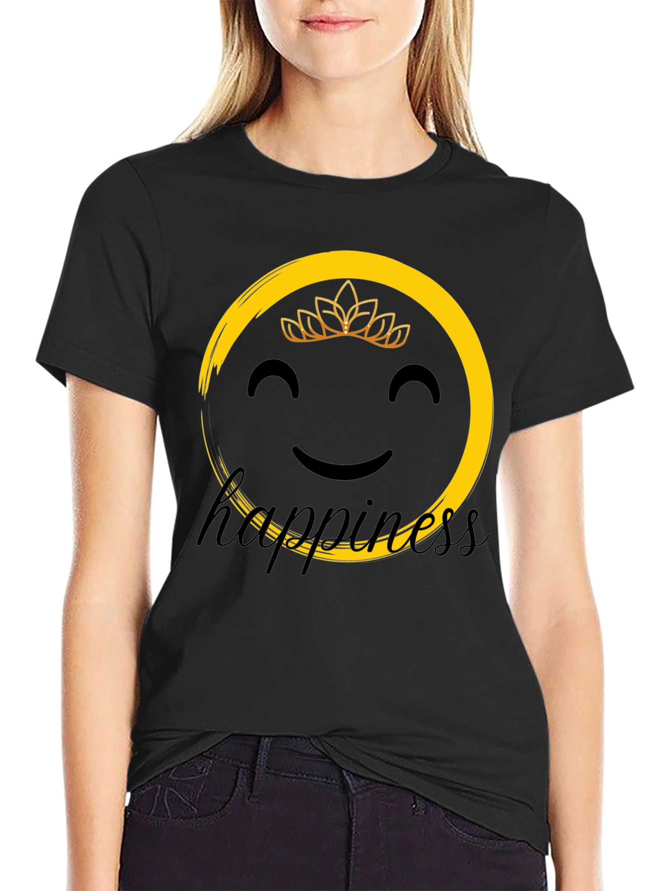 Happiness Graphic Tee - Smiley Face Crown Black T-Shirt