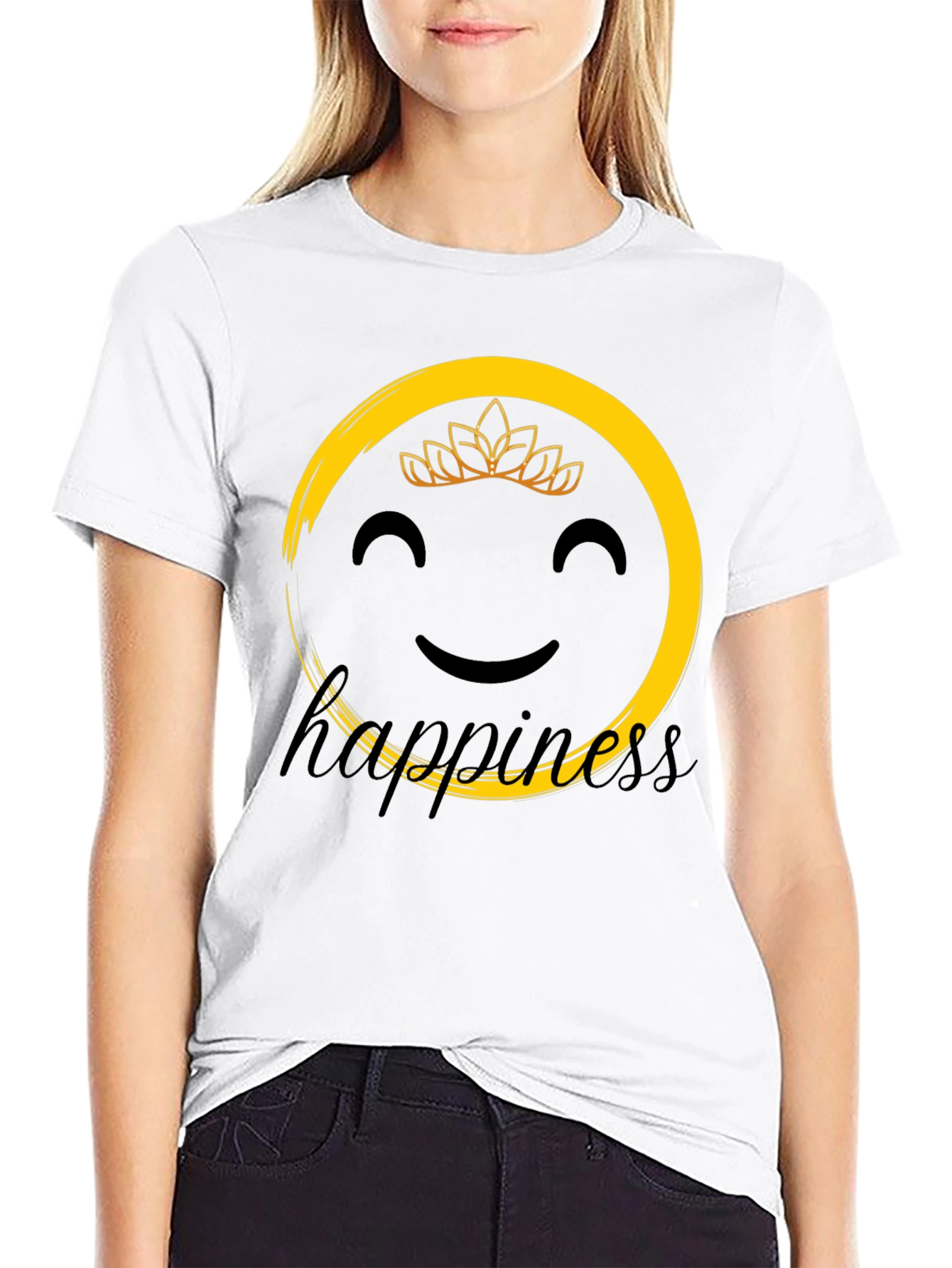 Happiness Graphic Tee - Smiley Face Crown Black T-Shirt