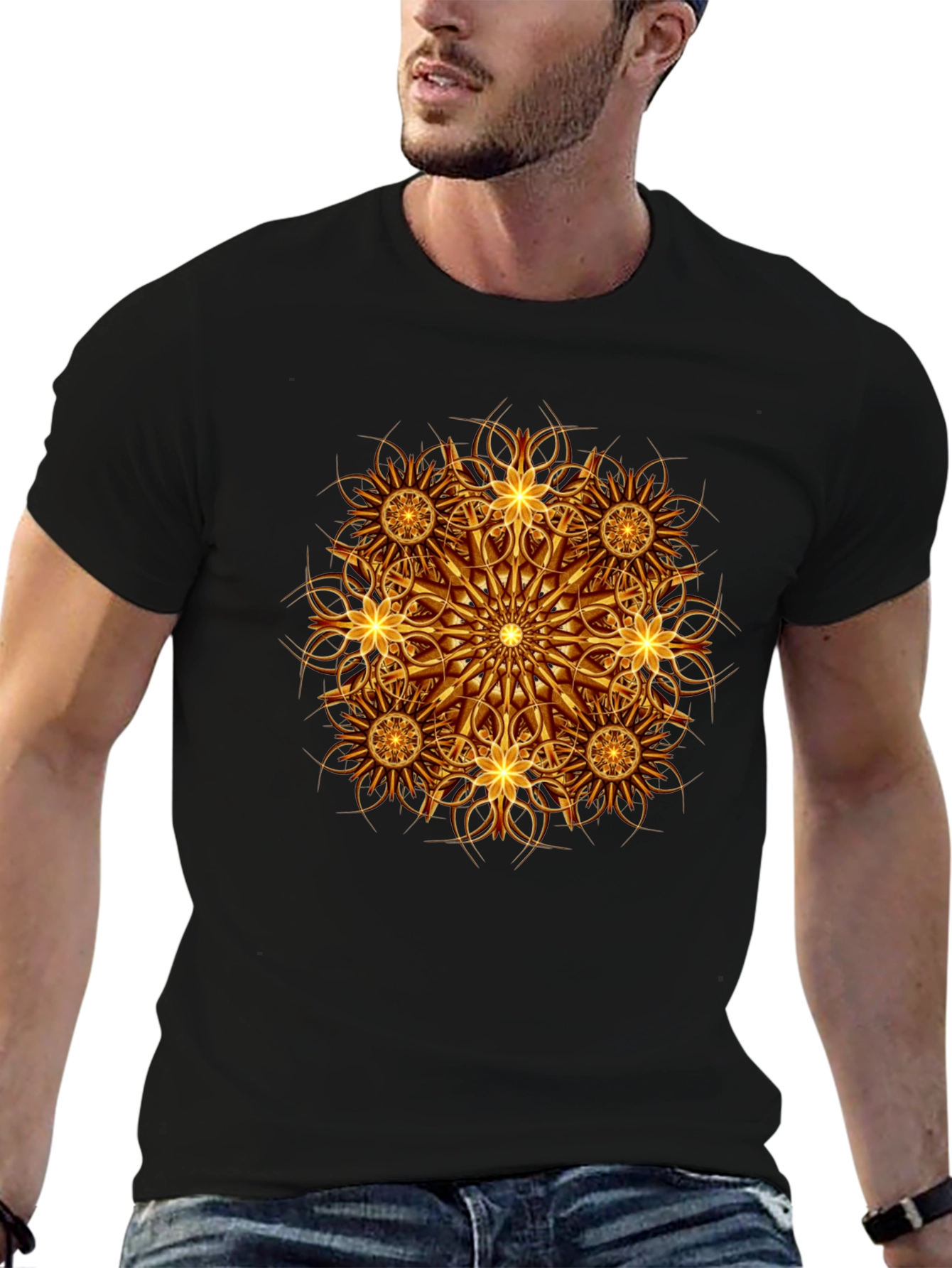Golden Mandala Graphic Print Black T-Shirt