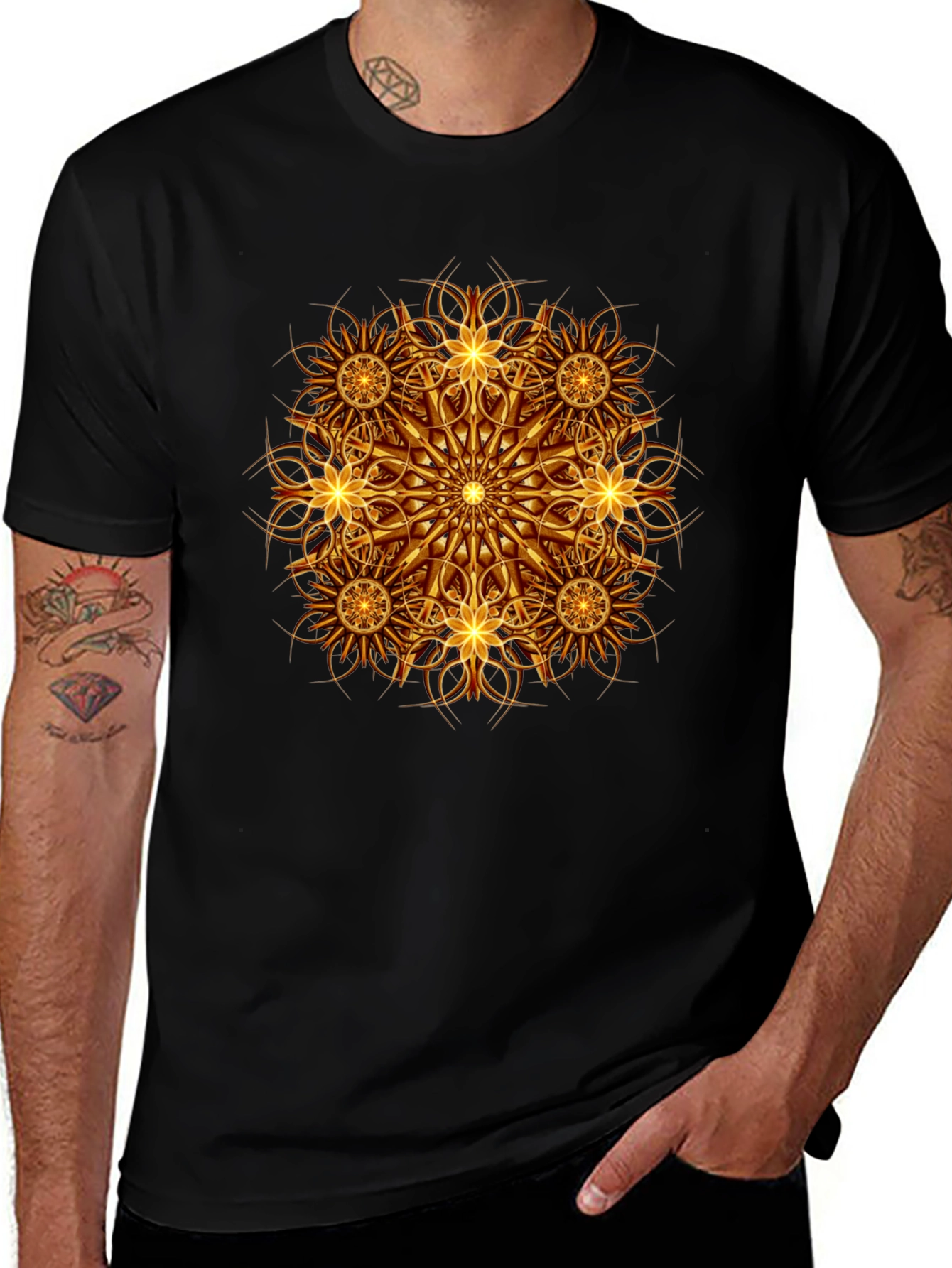 Golden Mandala Graphic Print Black T-Shirt