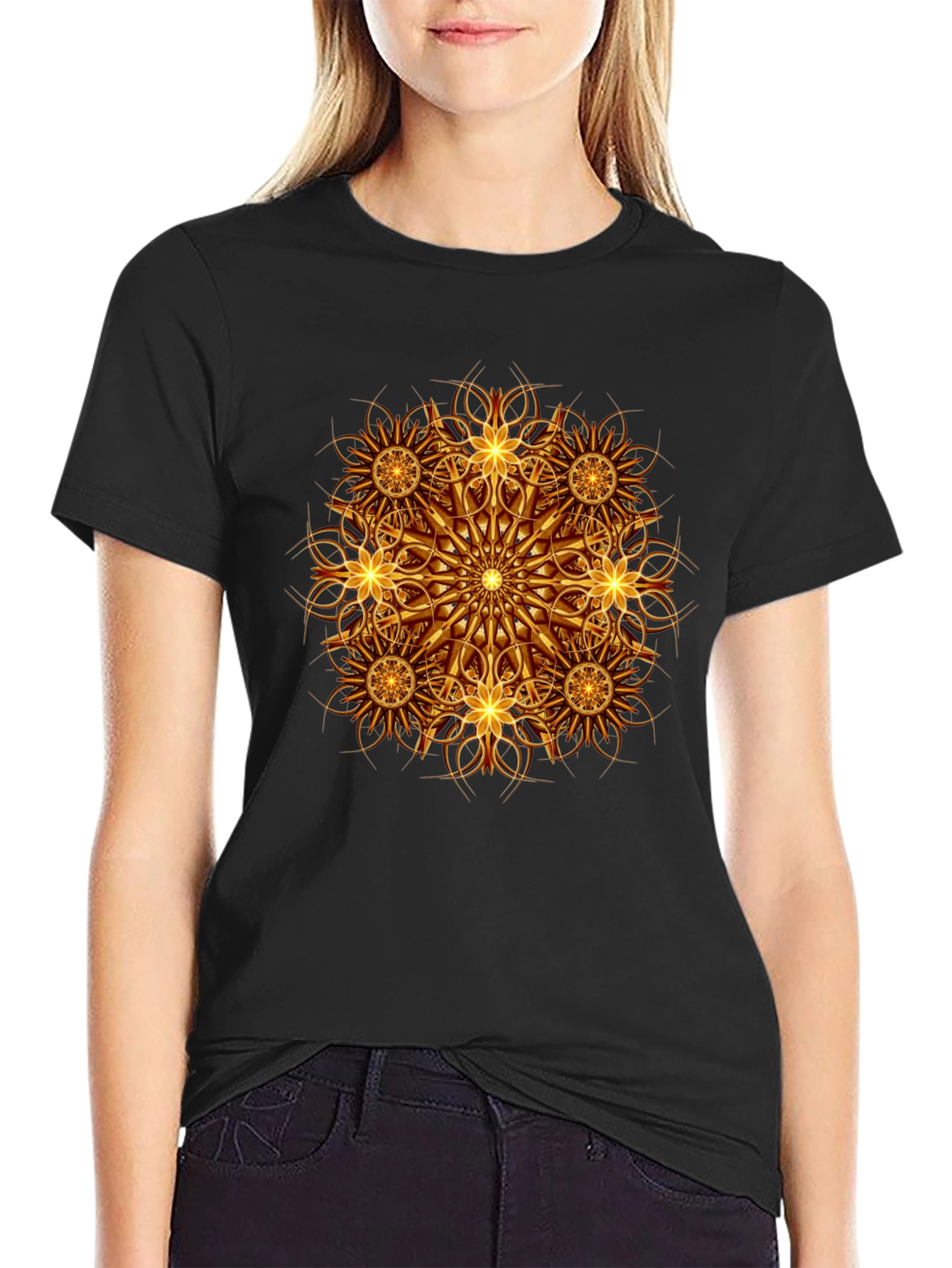 Golden Mandala Graphic Print Black T-Shirt