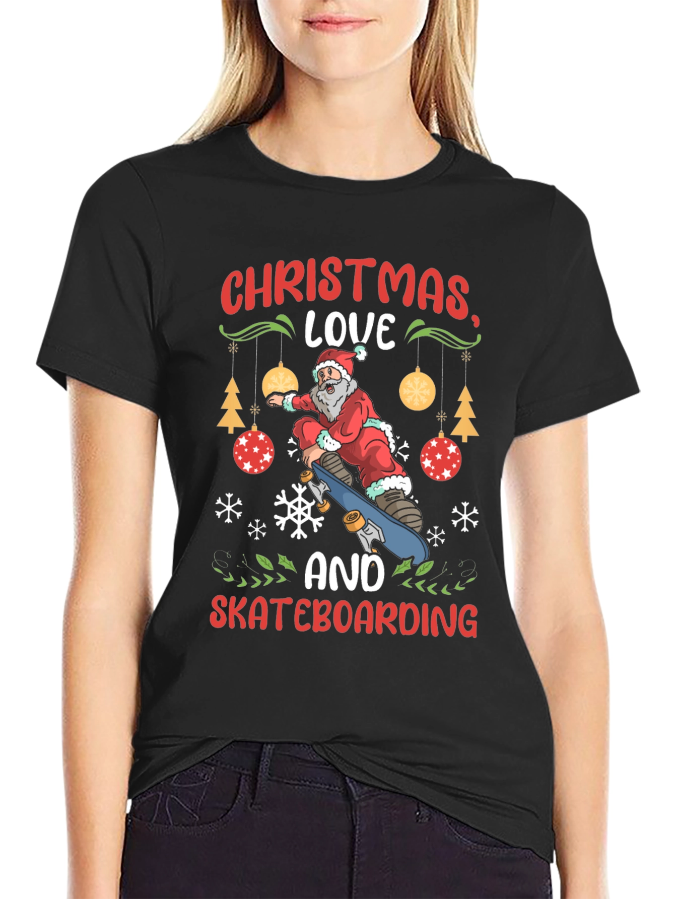 Christmas Skateboarding Santa Graphic T-Shirt