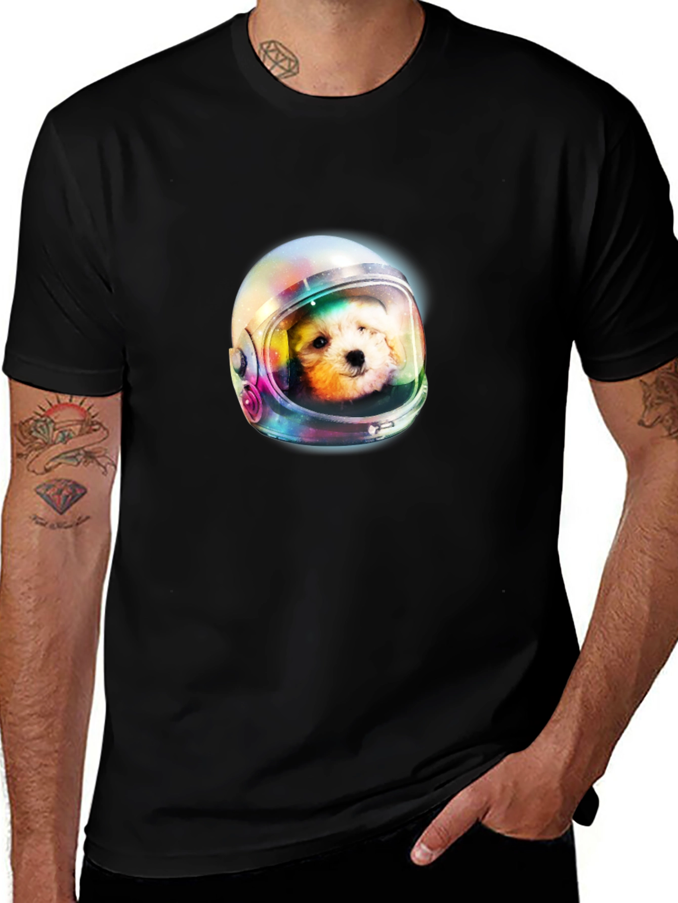 Dog Astronaut Graphic Print Black T-Shirt