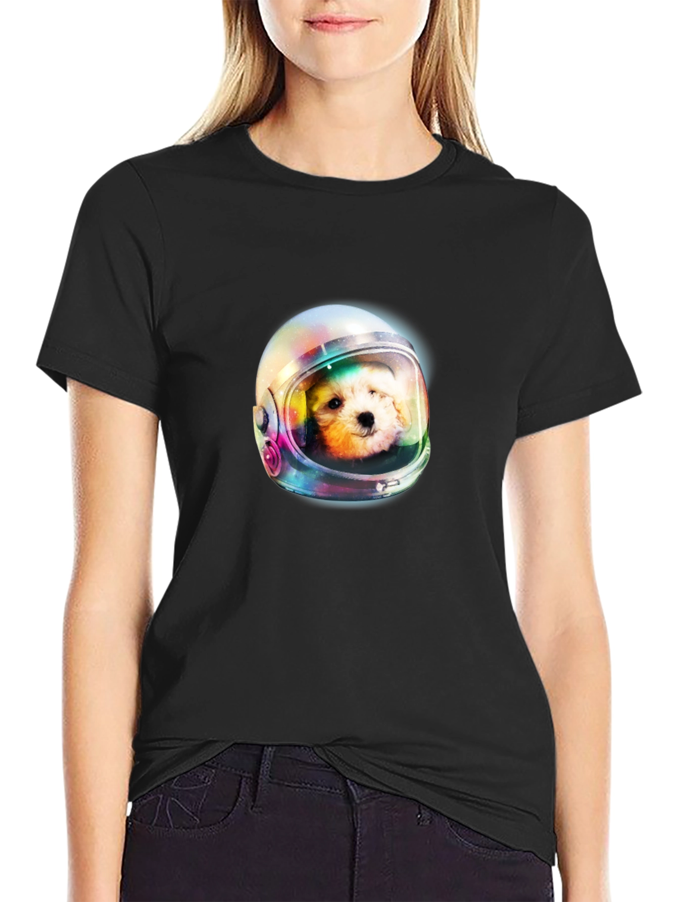 Dog Astronaut Graphic Print Black T-Shirt