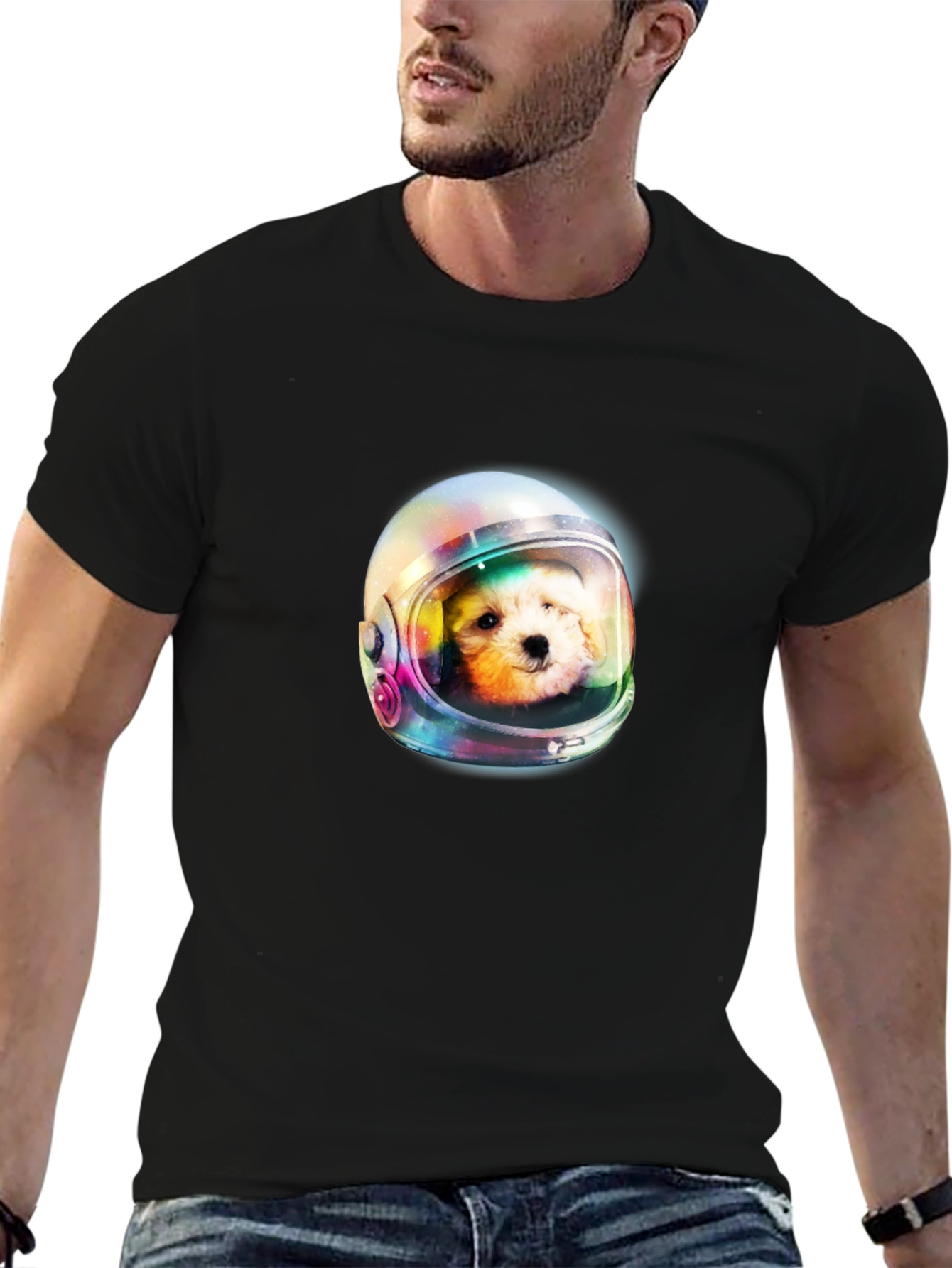 Dog Astronaut Graphic Print Black T-Shirt
