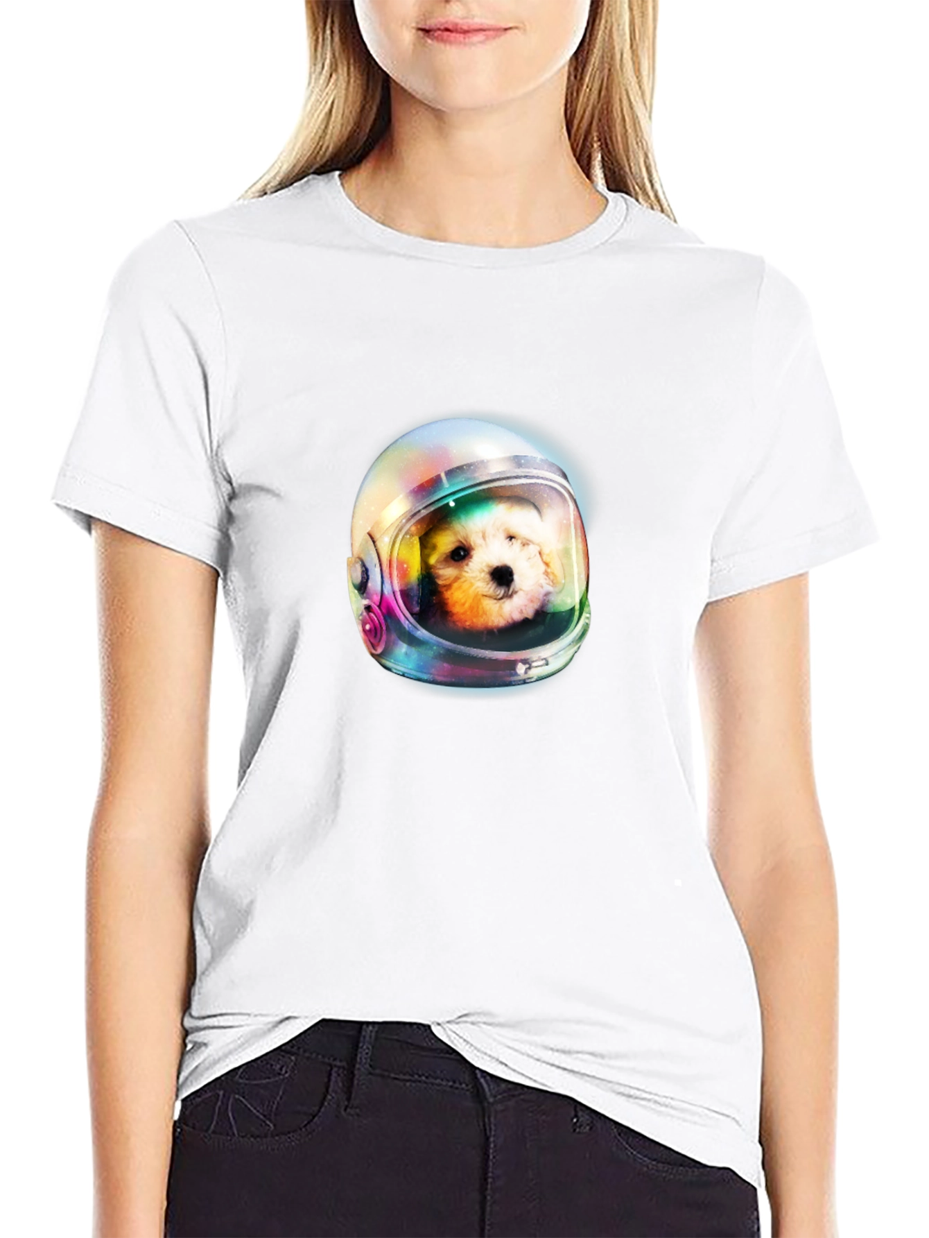 Dog Astronaut Graphic Print Black T-Shirt