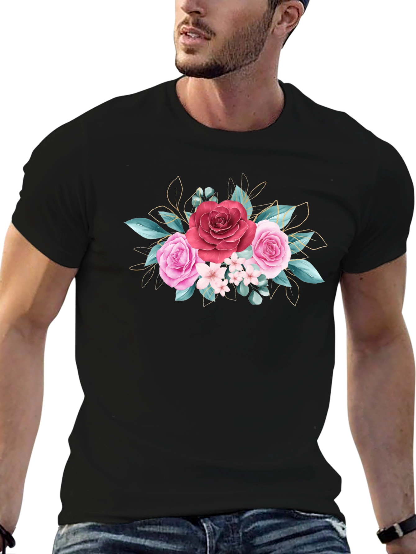 Floral Rose Graphic Tee - Stylish Black T-Shirt