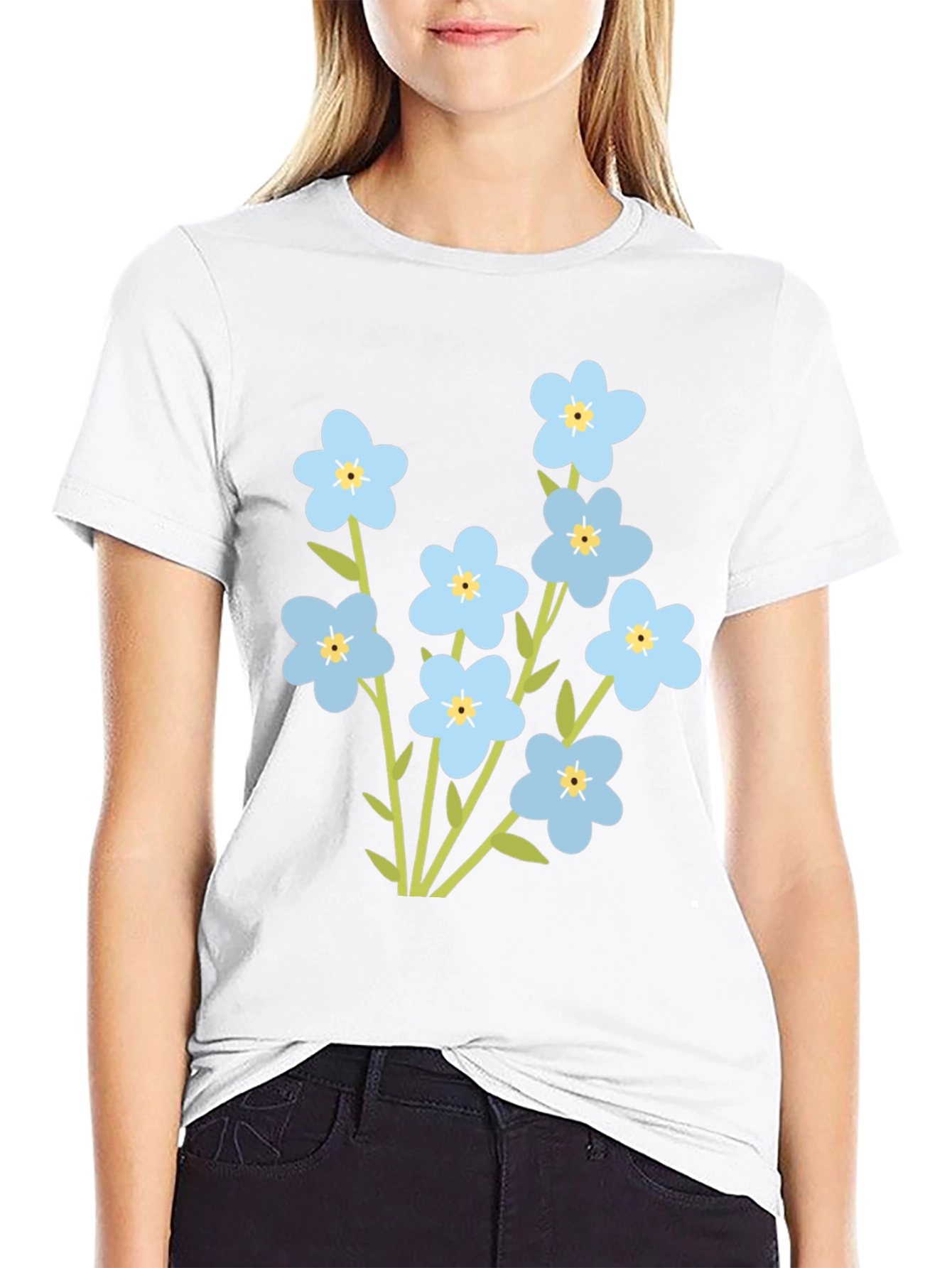 Forget-Me-Not Flower Graphic Tee - Black