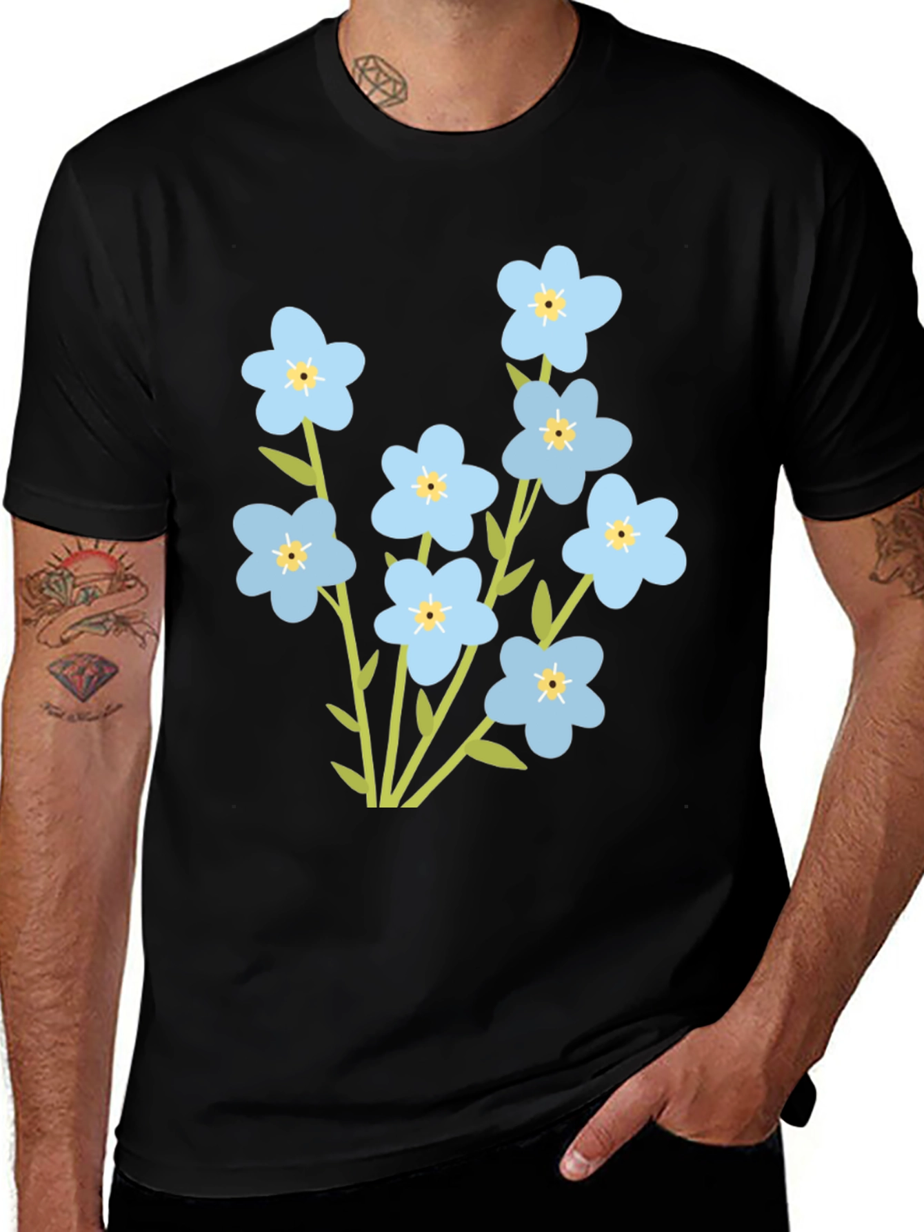 Forget-Me-Not Flower Graphic Tee - Black