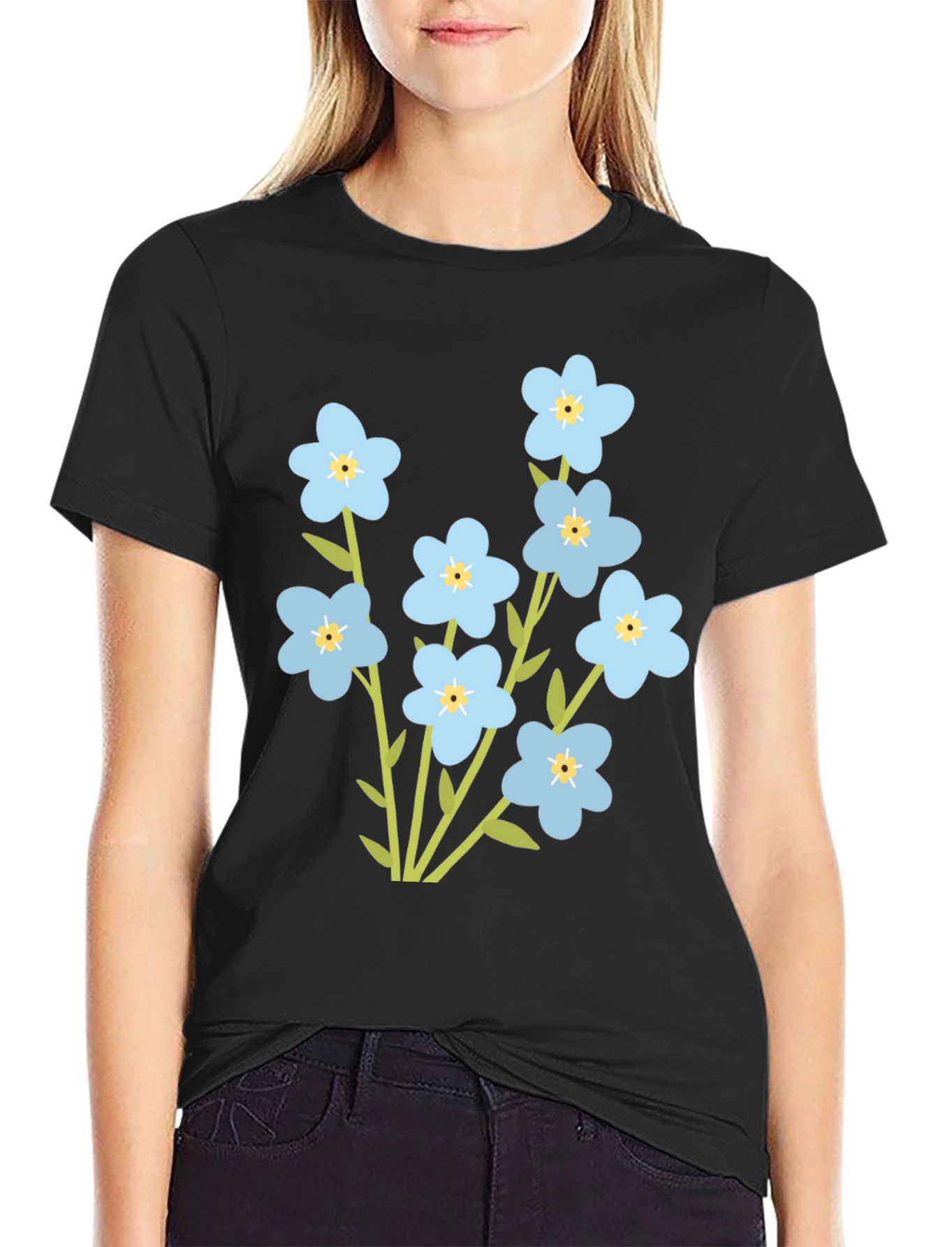 Forget-Me-Not Flower Graphic Tee - Black