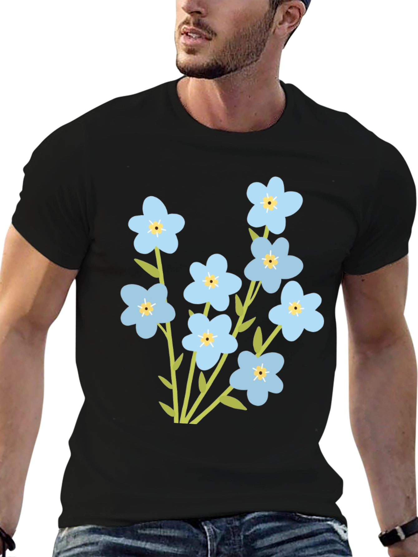 Forget-Me-Not Flower Graphic Tee - Black