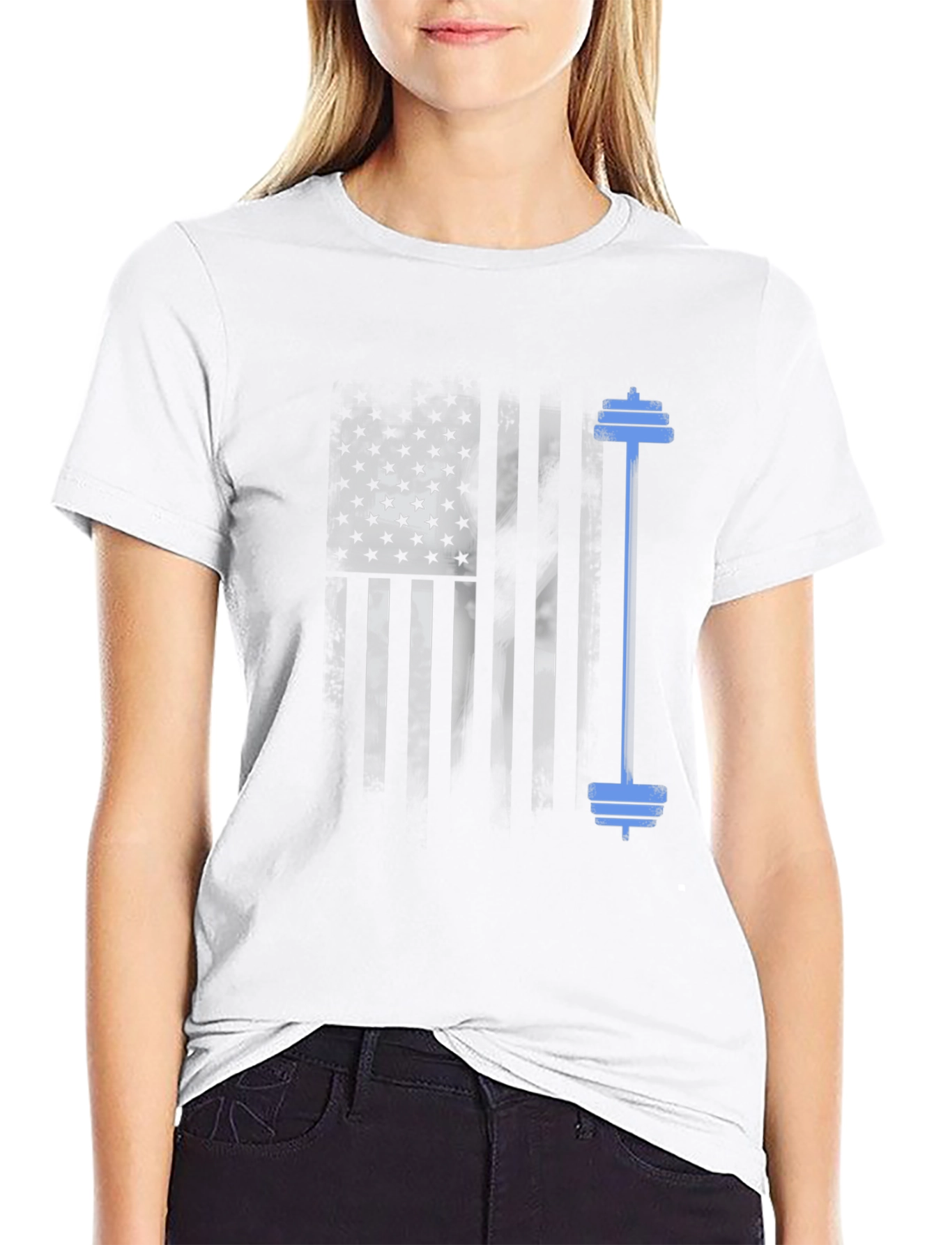 Patriotic Fitness T-Shirt - American Flag Barbell Design