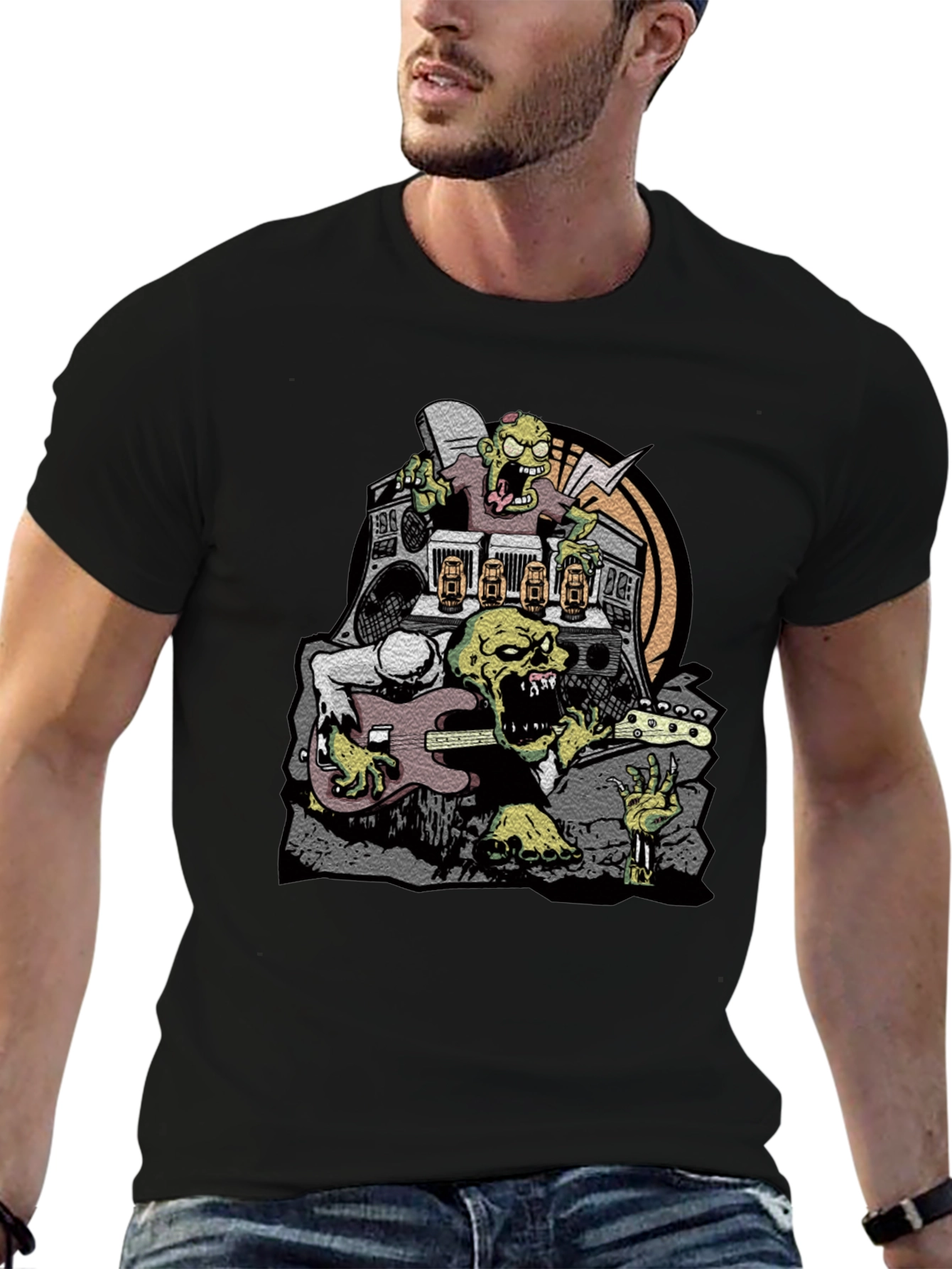 Zombie Rock Band Graphic Tee - Black Cotton T-Shirt