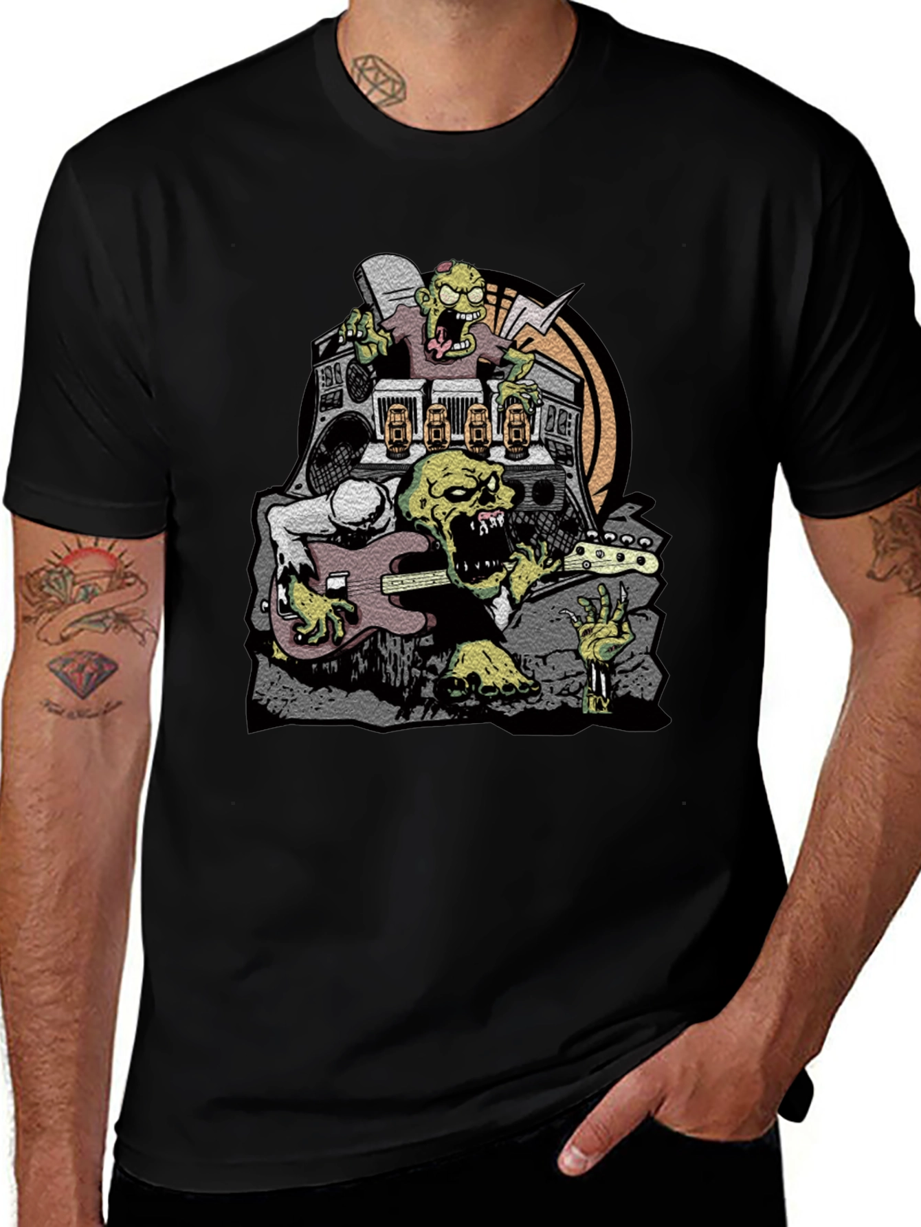 Zombie Rock Band Graphic Tee - Black Cotton T-Shirt