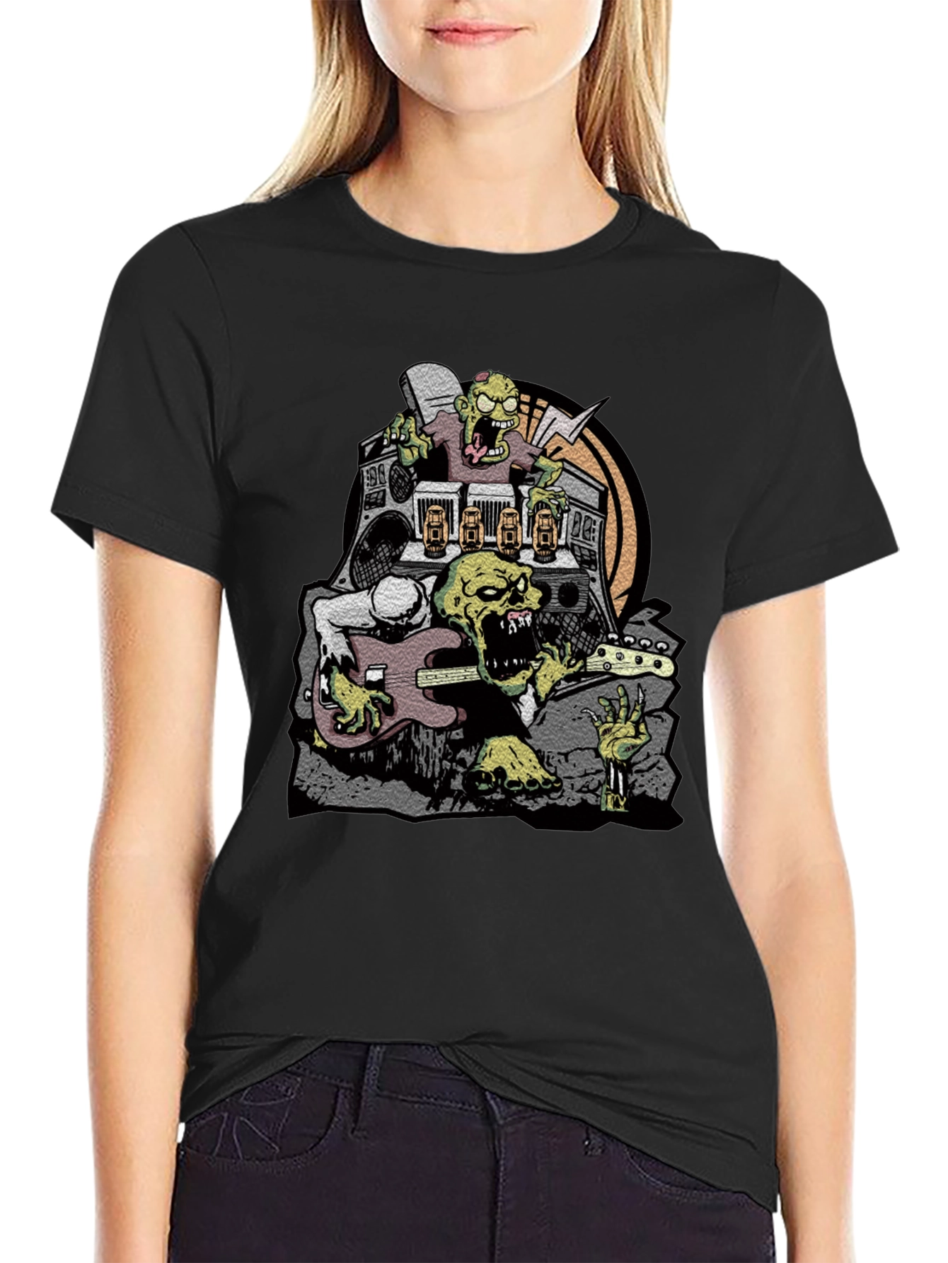 Zombie Rock Band Graphic Tee - Black Cotton T-Shirt