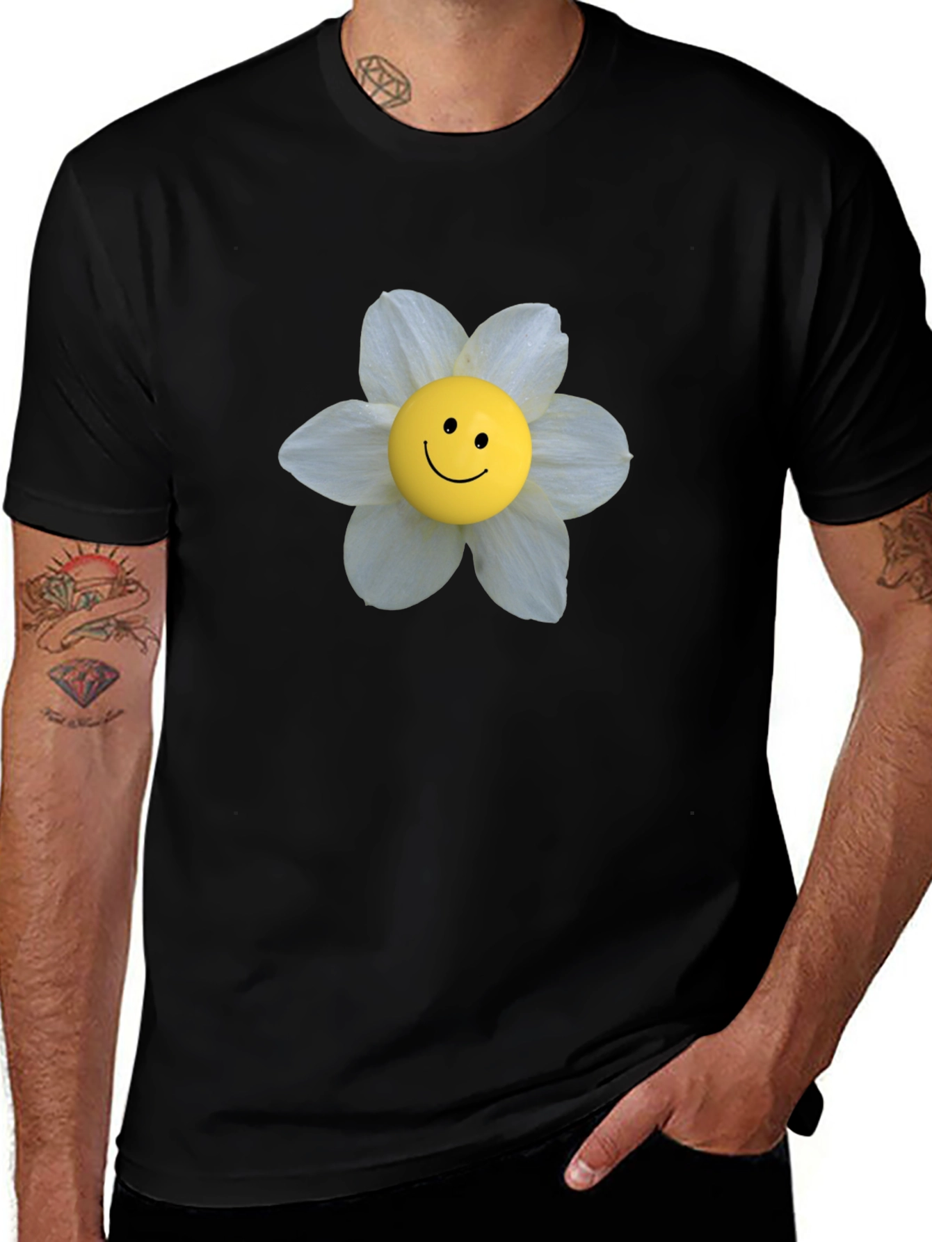 Smiley Face Flower Graphic Tee - Black