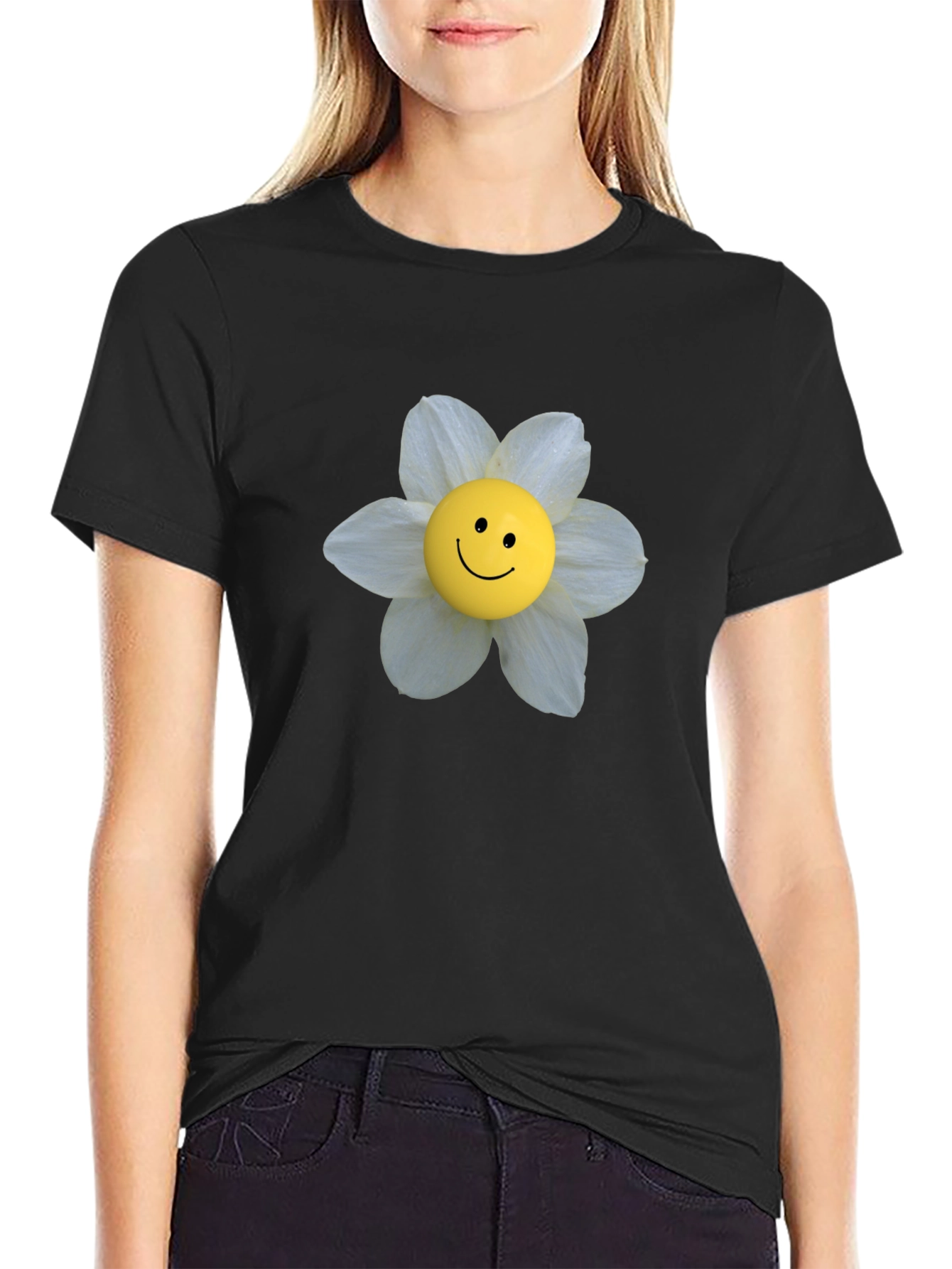 Smiley Face Flower Graphic Tee - Black
