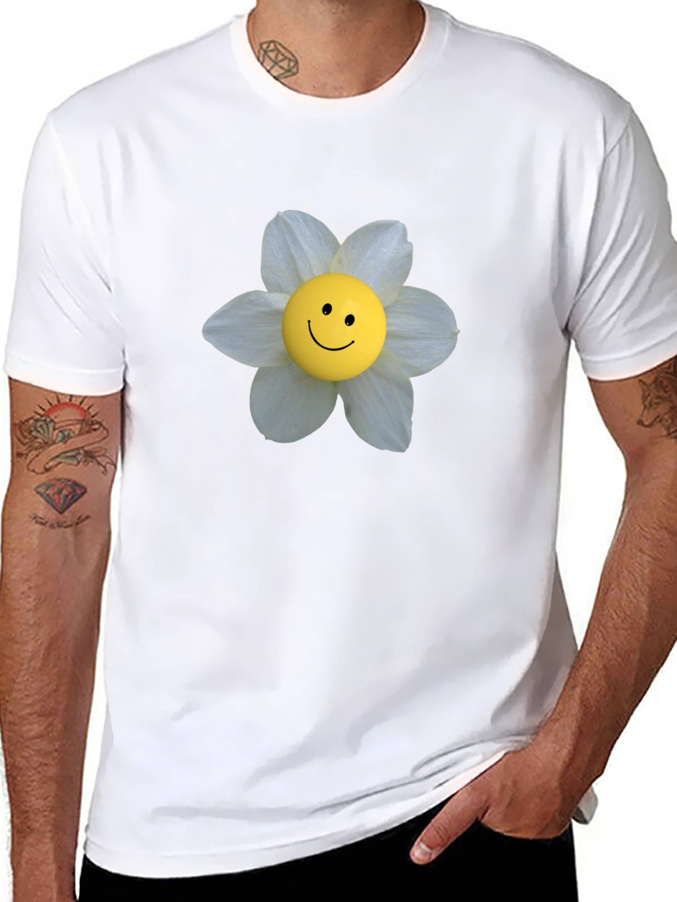 Smiley Face Flower Graphic Tee - Black