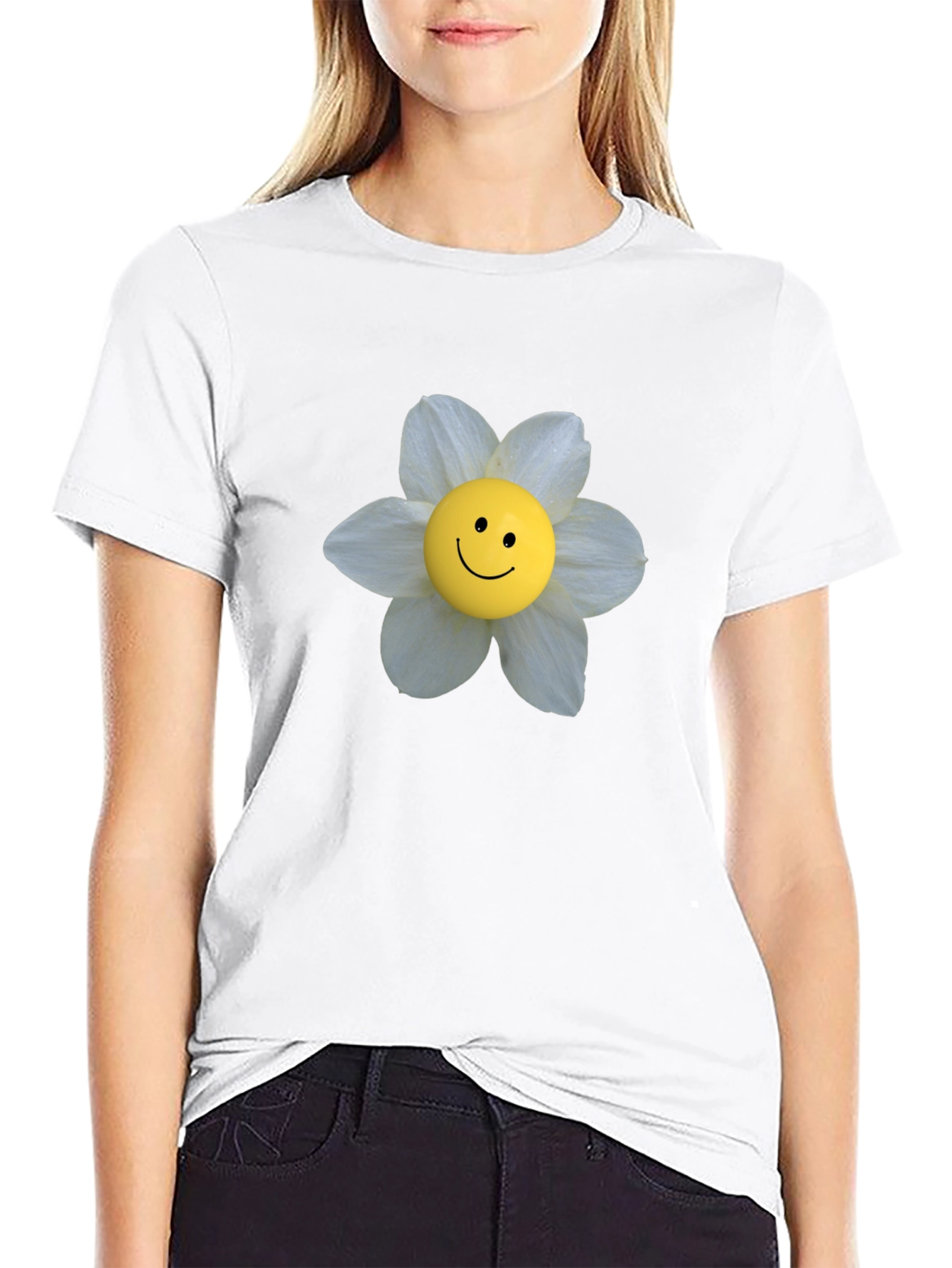 Smiley Face Flower Graphic Tee - Black