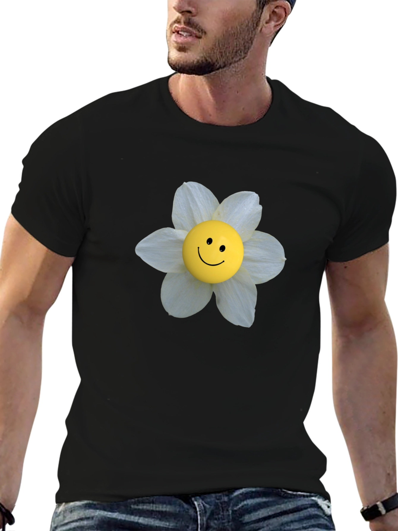 Smiley Face Flower Graphic Tee - Black