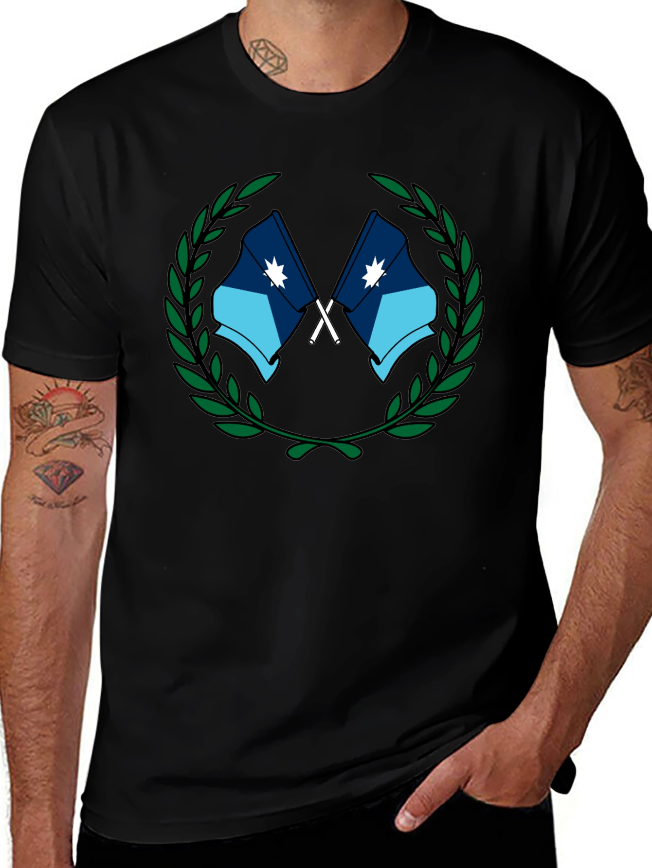Graphic Tee - Crossed Flags with Wreath - Black