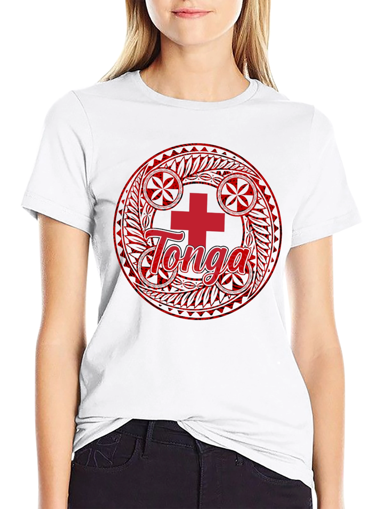 Tonga Flag T-Shirt - Round Emblem Black Cotton