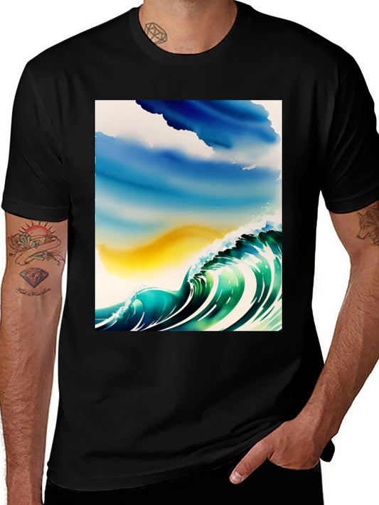 Wave Watercolor Graphic Tee - Black Cotton Casual