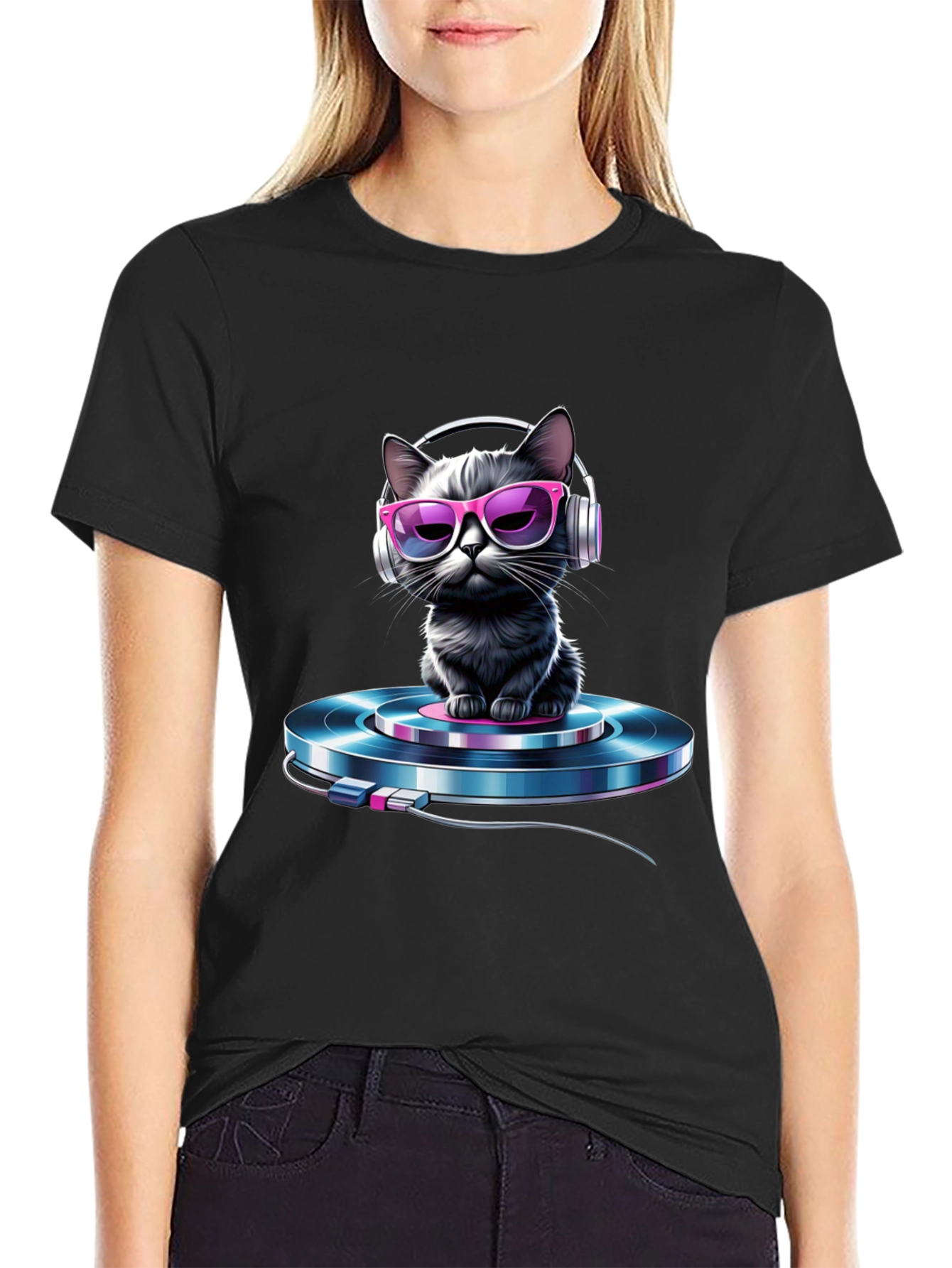 Cool Cat DJ T-Shirt - Black Graphic Tee